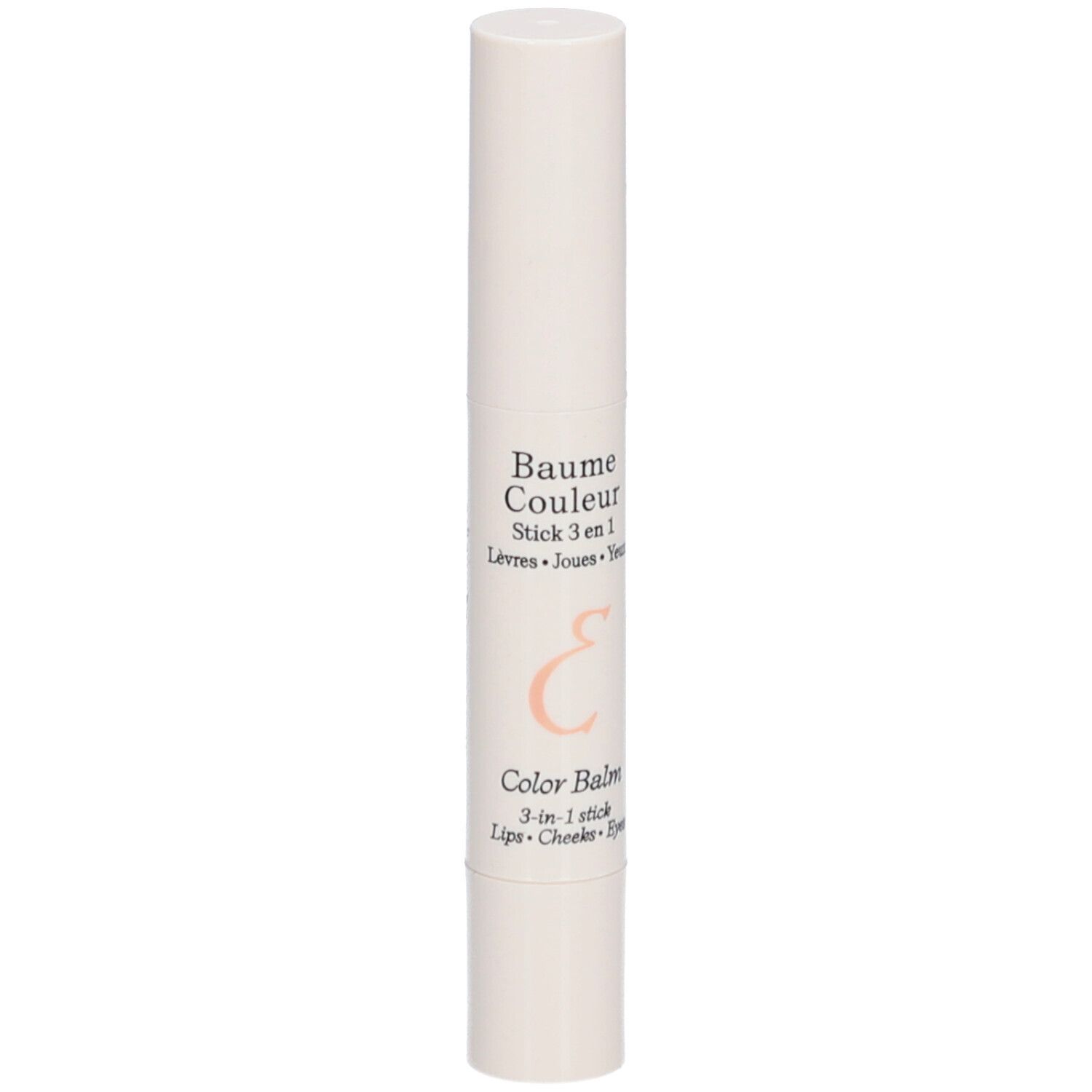 Weißer Stick mit Text. Aufschrift: Baume Couleur Stick 3 en 1. Lippen, Wangen, Augen. Zylinderform mit abgerundeten Enden.
