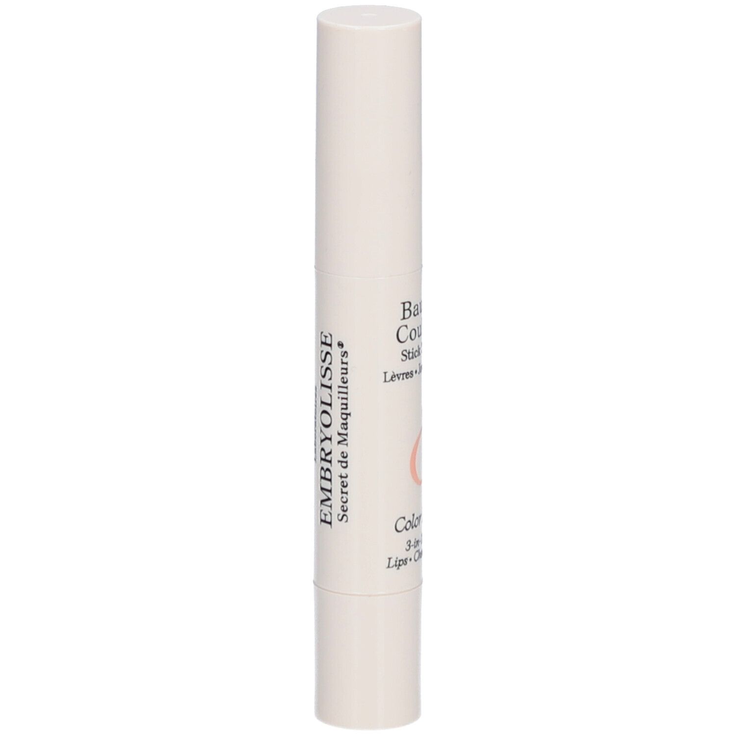 Weißer Stick mit Text. Aufschrift: EMBRYOLISSE Secret de Maquilleurs. Baume Couleur Stick 3 en 1. Zylinderform mit abgerundeten Enden.