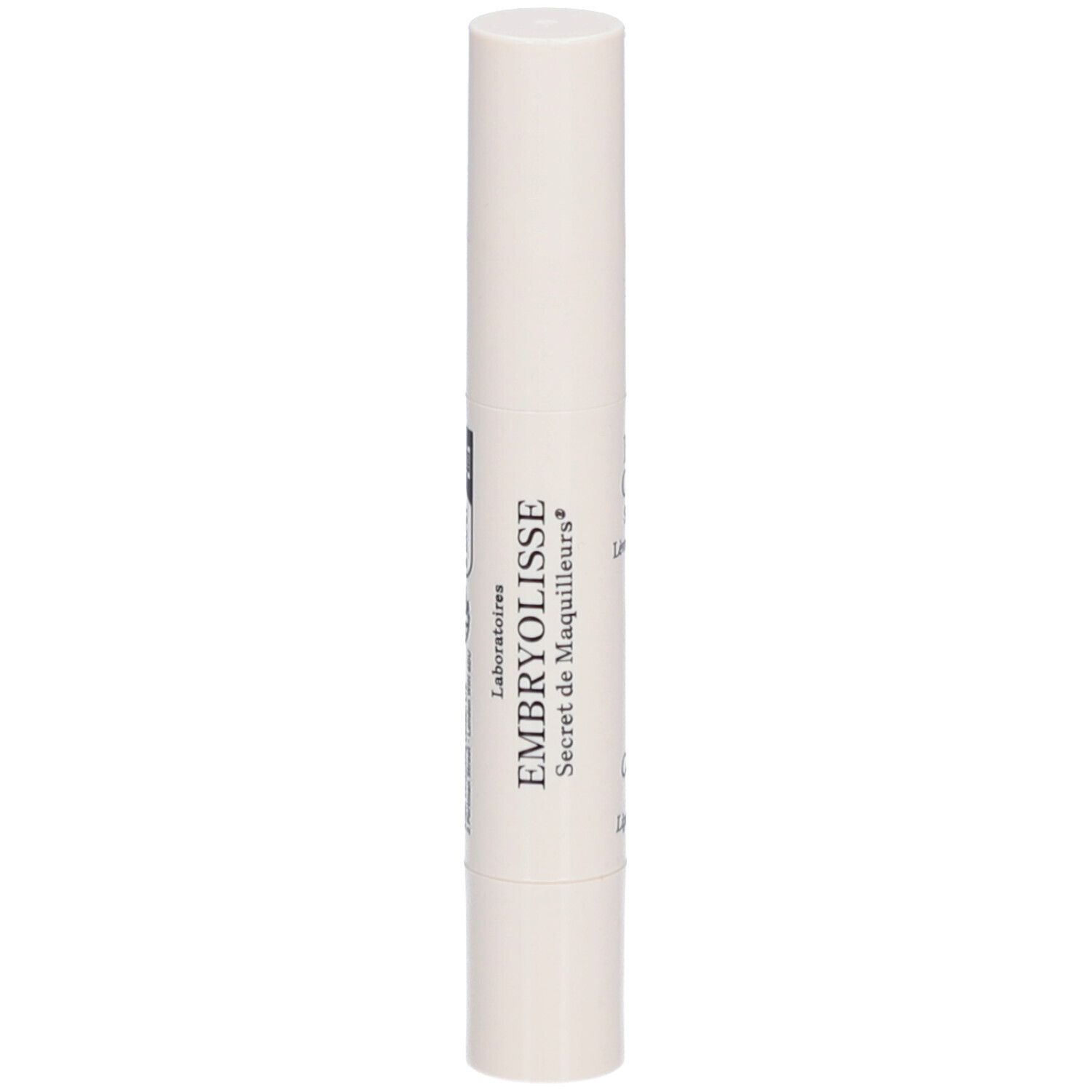 Weißer Stick mit Text. Aufschrift: EMBRYOLISSE Secret de Maquilleurs. Zylinderform mit abgerundeten Enden.