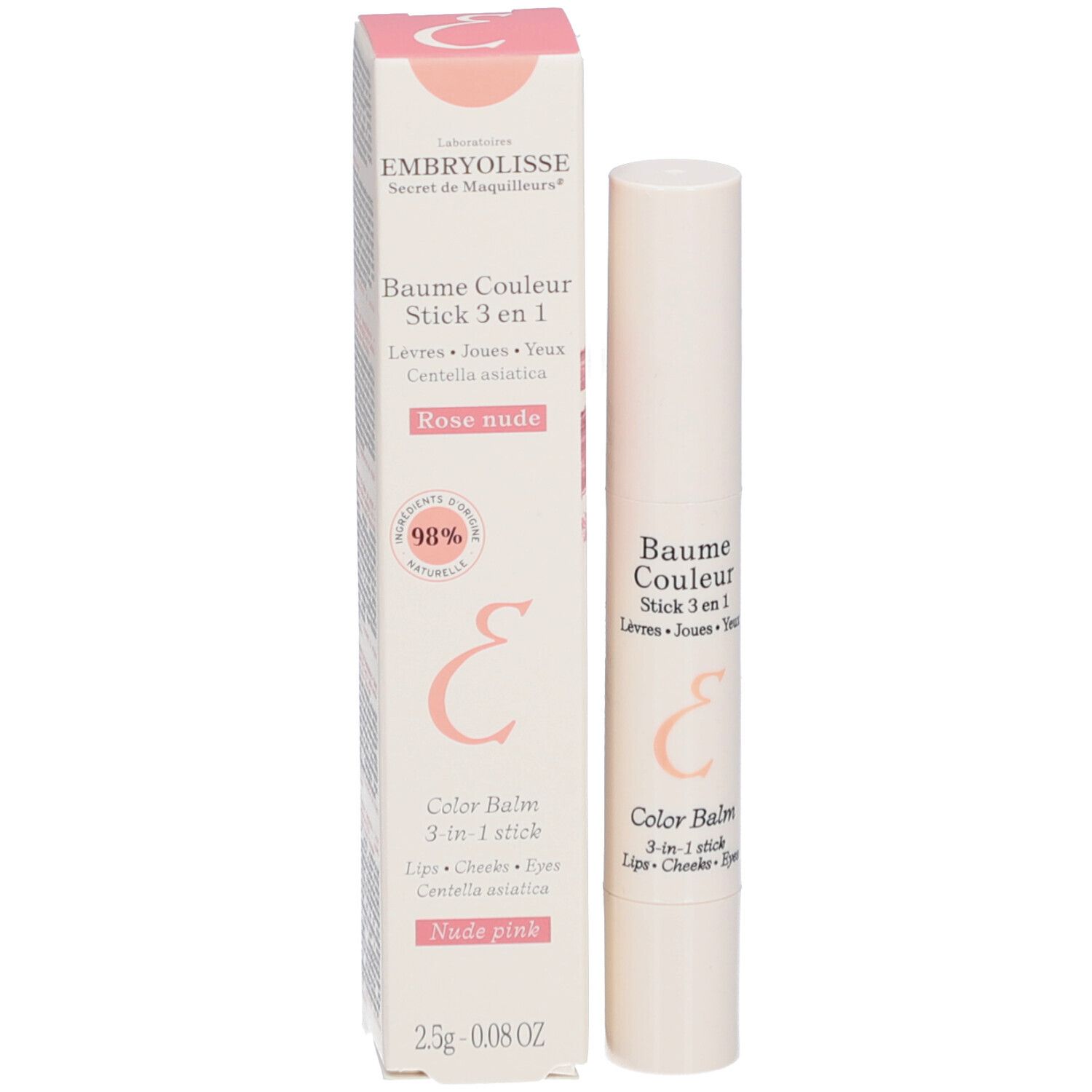 Produktverpackung und Stick. Verpackung: rosa-weiß, Text: Baume Couleur Stick 3 en 1. Stick: weiß, Text: Baume Couleur 3 en 1.
