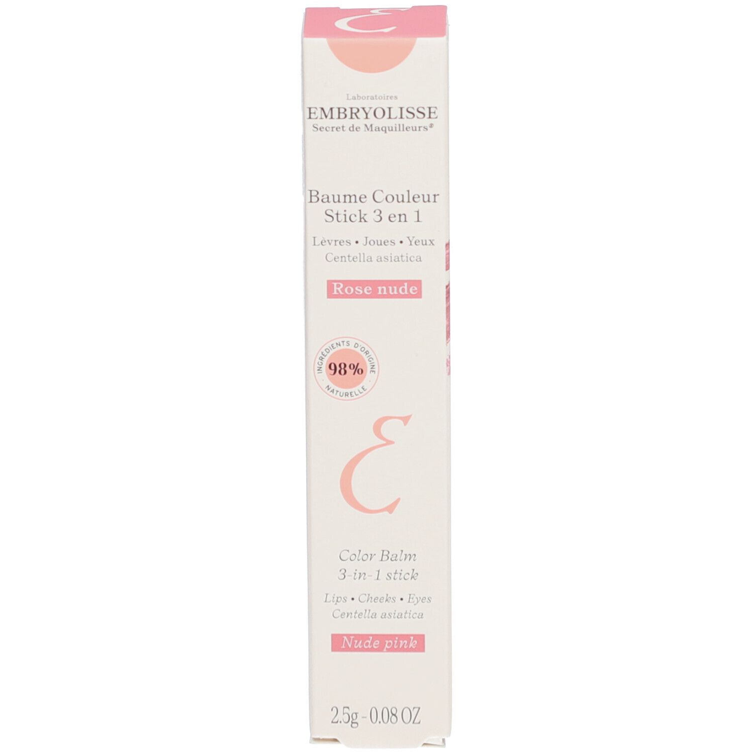 Produktverpackung. Rosa-weiße Verpackung. Text: Baume Couleur Stick 3 en 1. Text: Rose nude, Nude pink. 2.5g - 0.08 oz.