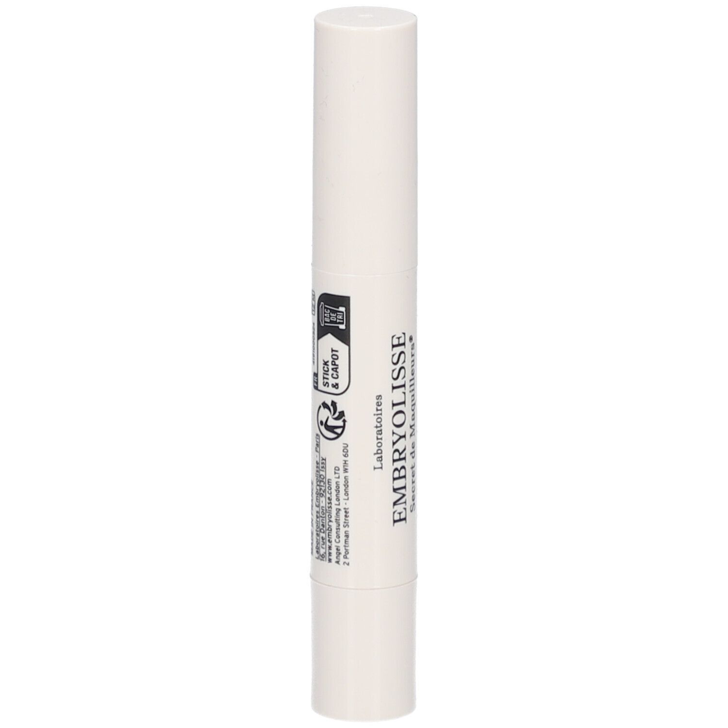Stick blanc avec texte et logos. Détails en français. Avec symboles de recyclage.