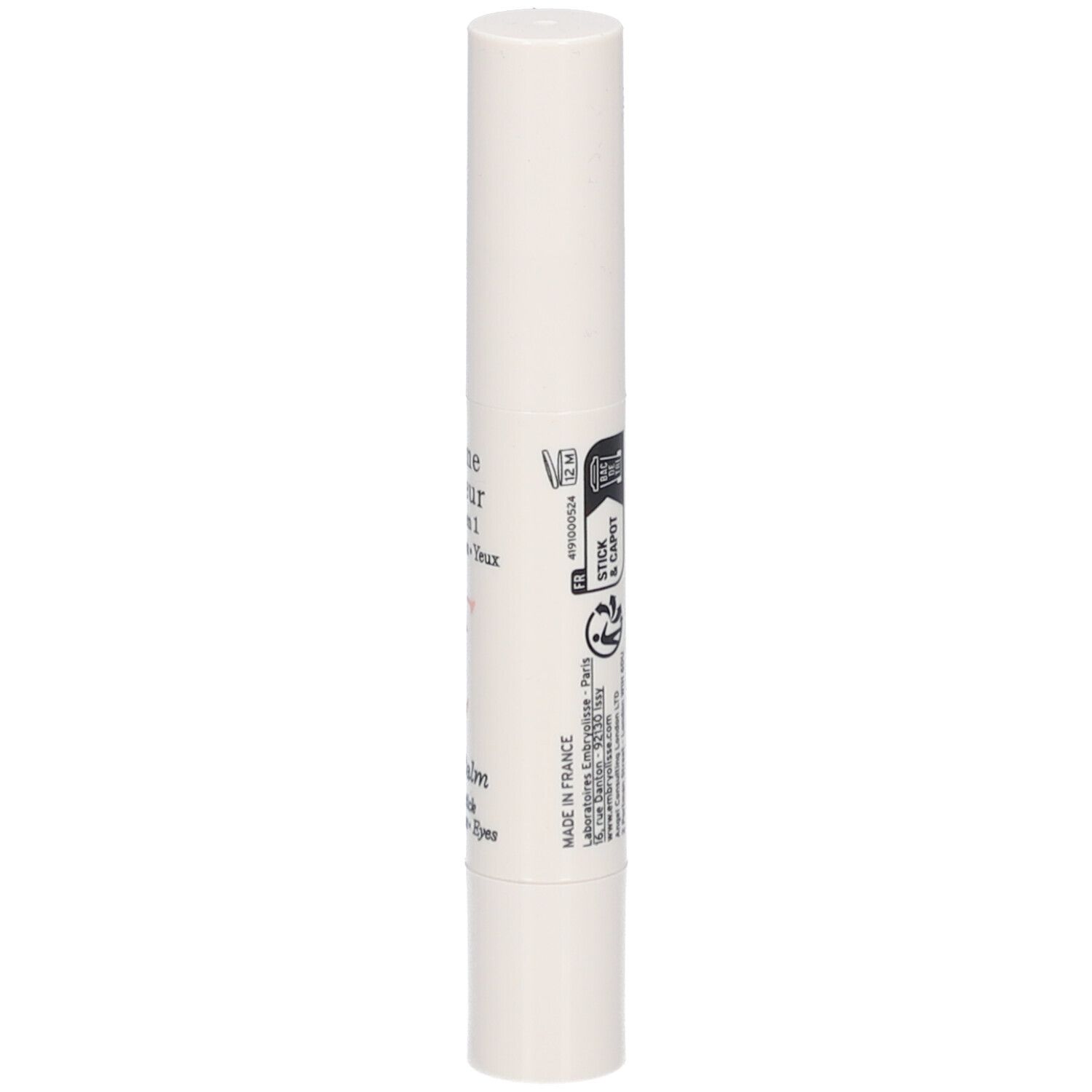 Stick blanc avec texte en français. Fabriqué en France. Avec symboles de recyclage.