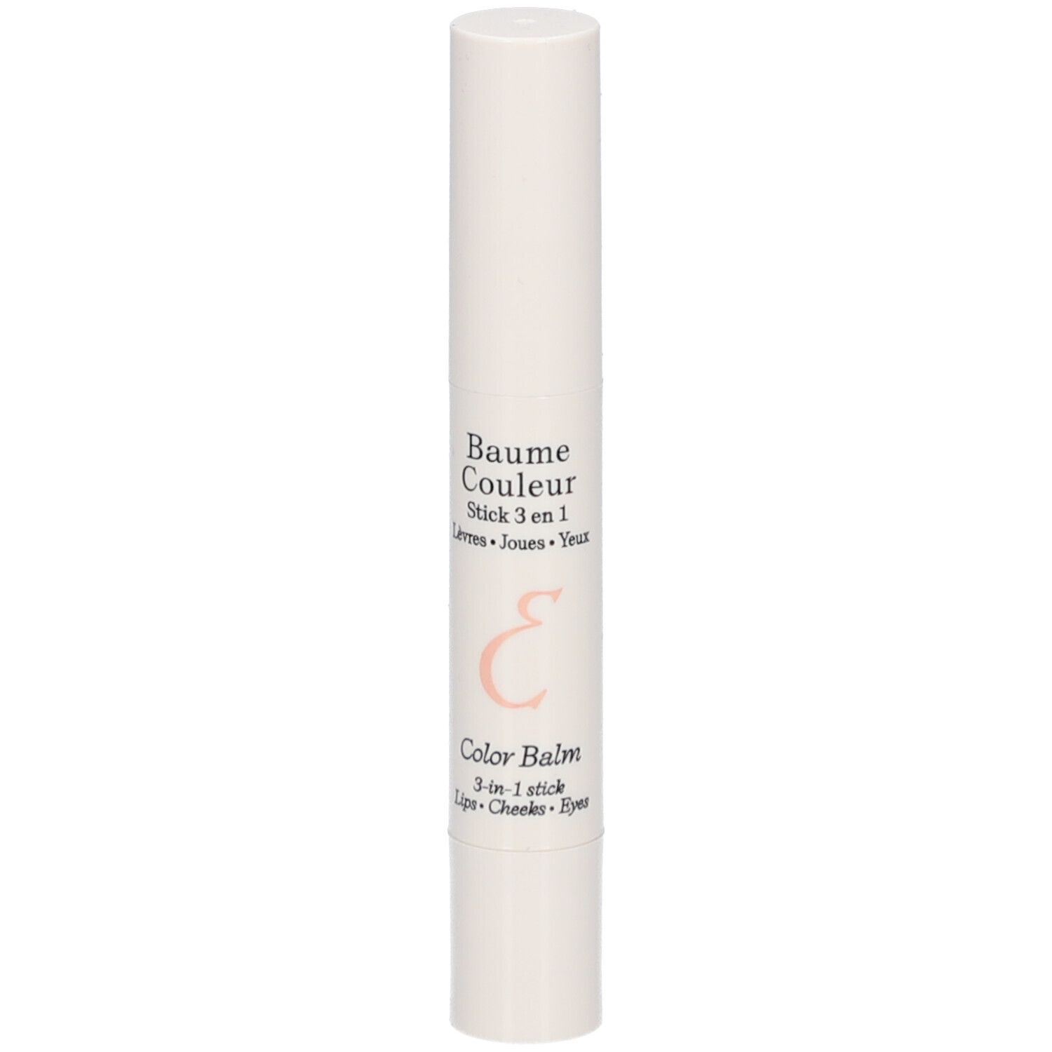 Stick blanc avec nom du produit et détails en français. Avec logo 'E' rose.