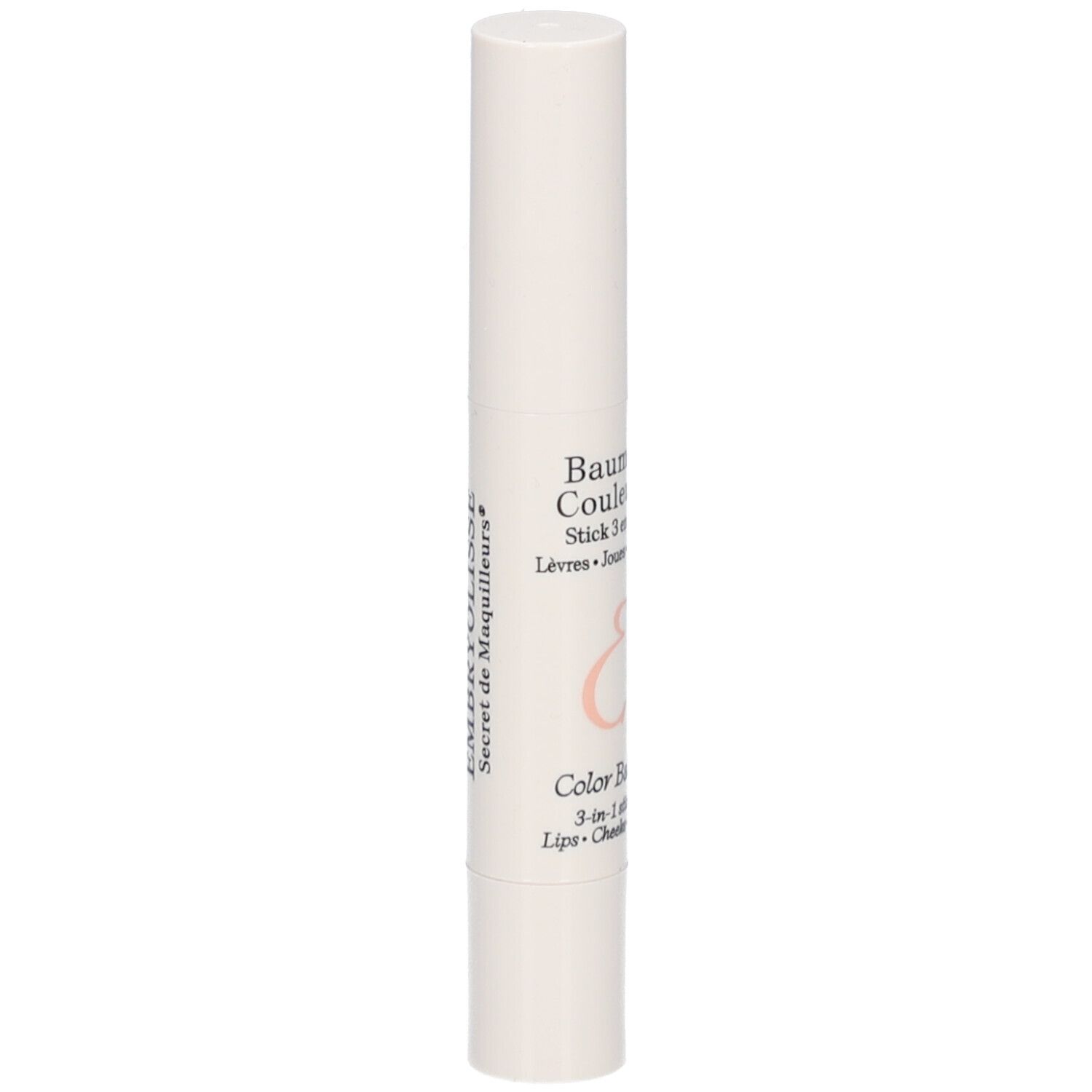 Stick blanc avec nom du produit et détails en français. Avec logo 'E' rose.
