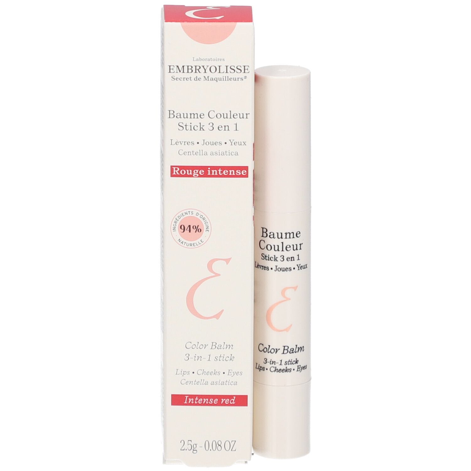Produit et emballage. Stick blanc et carton. Texte rouge: Rouge Intense. 94% naturel.