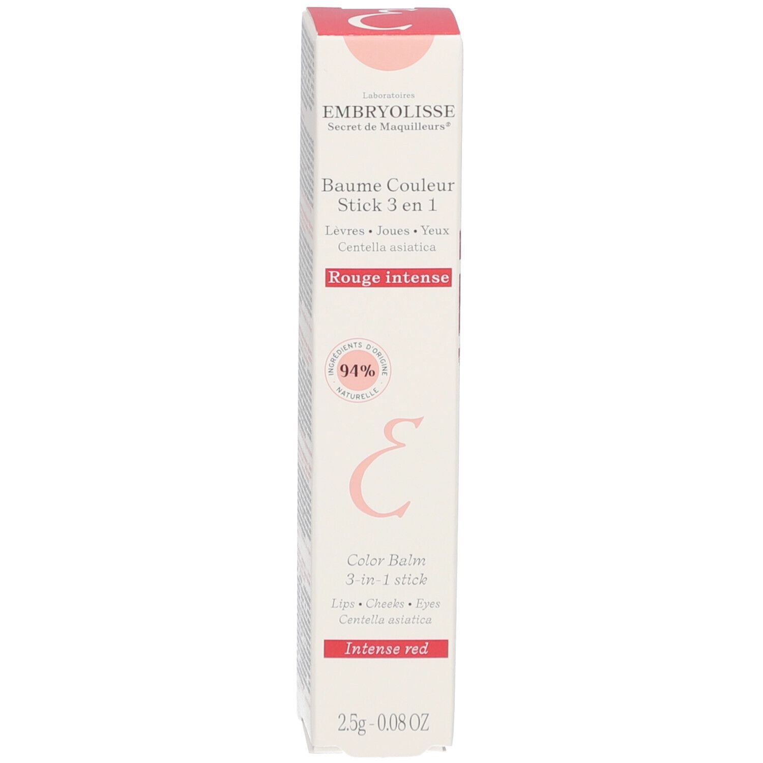 Produit et emballage. Stick blanc et carton. Texte rouge: Rouge Intense. 94% naturel.