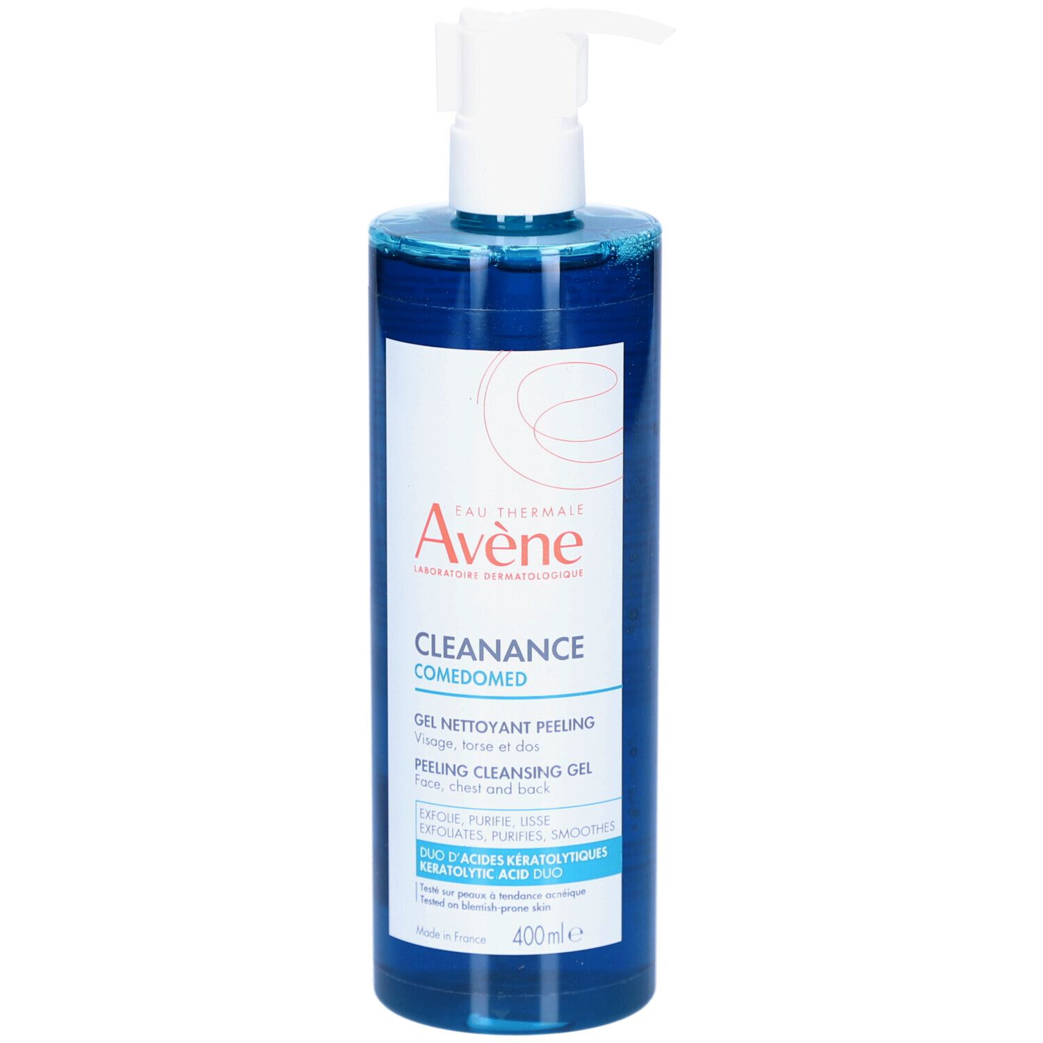 Avene Cleanance Comedomed Gel Nettoyant Peeling. Flacon bleu avec pompe blanche. Étiquette avec texte.