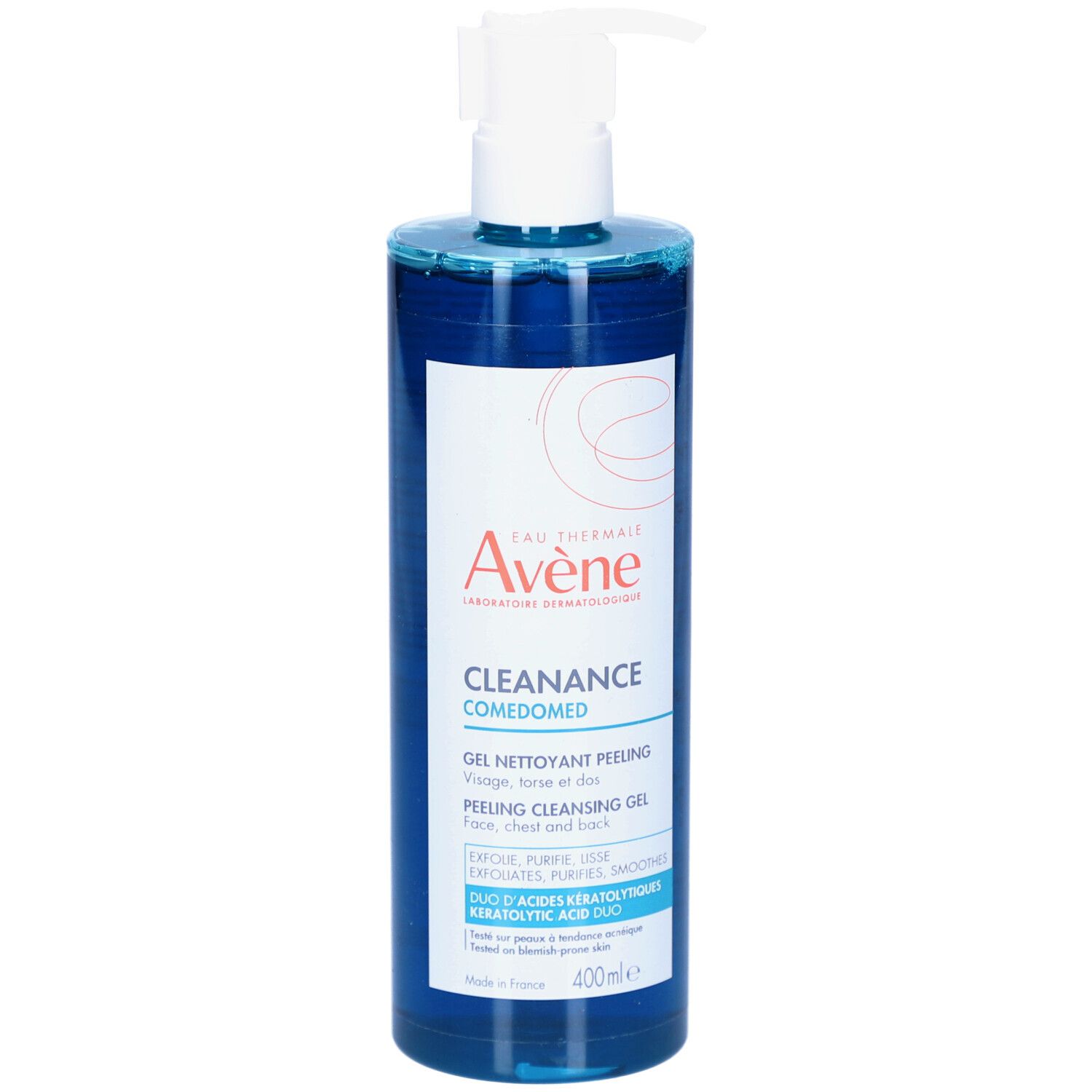 Avene Cleanance Comedomed Gel Nettoyant Peeling. Flacon bleu avec pompe blanche. Étiquette avec texte.