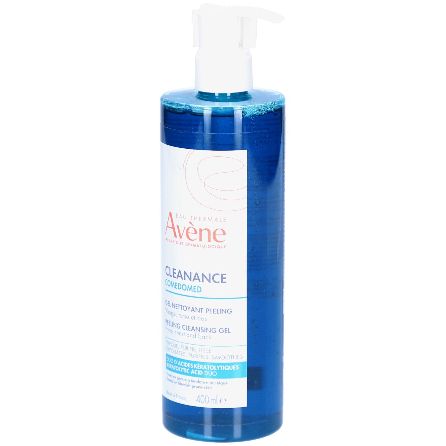 Avene Cleanance Comedomed Gel Nettoyant Peeling. Flacon bleu avec pompe blanche. Étiquette avec texte.