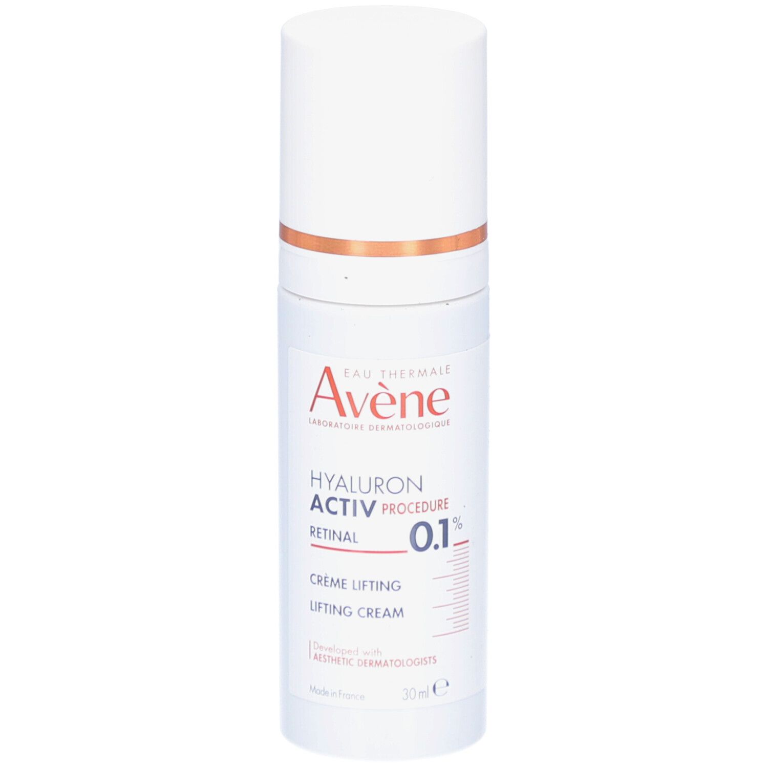 Tube de crème blanc avec anneau cuivré. Inscription: Eau Thermale Avène, Hyaluron Activ Procedure, Crème Lifting, 0.1% Retinal.