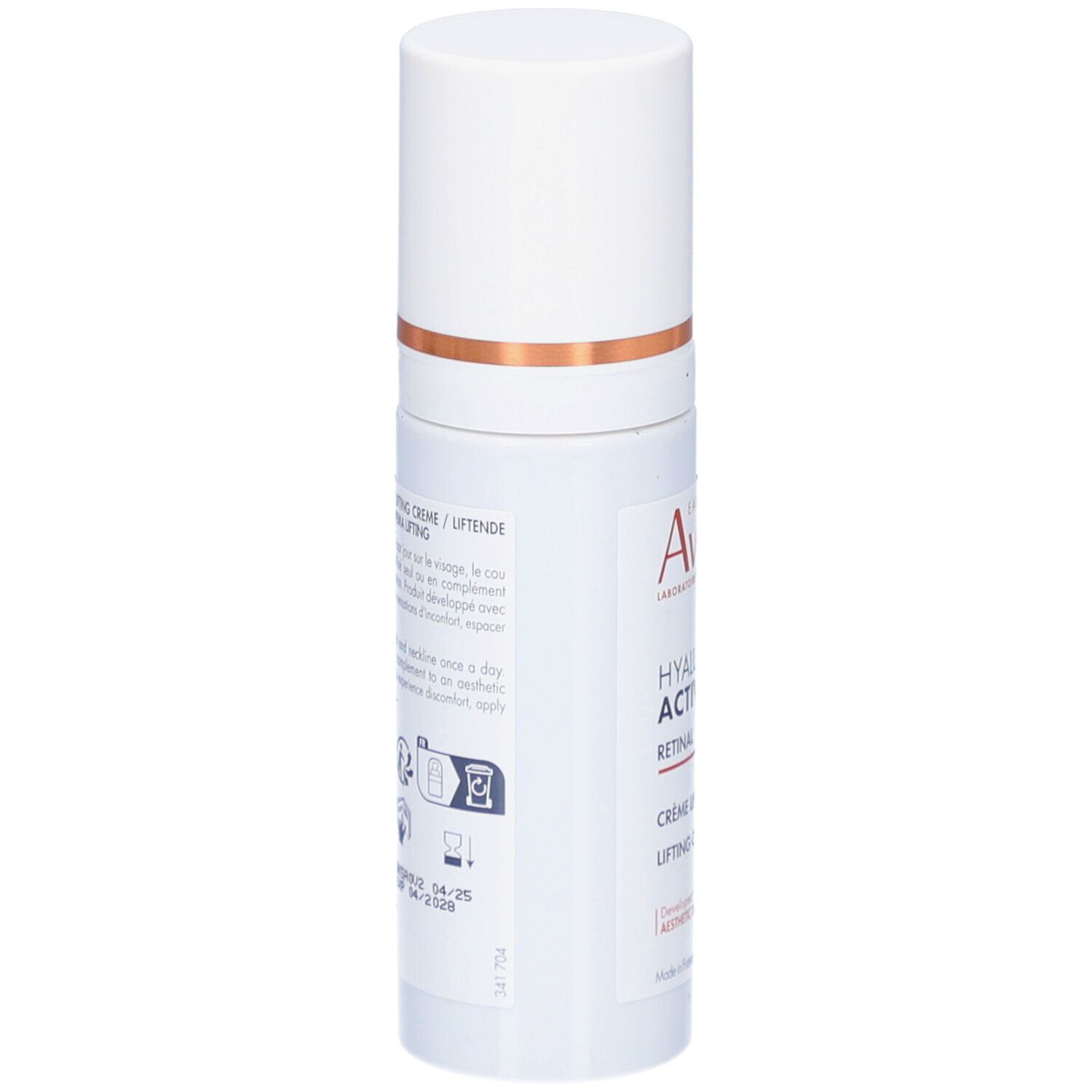 Tube de crème blanc, dos. Texte: instructions d'utilisation, ingrédients, informations fabricant. Symboles d'instructions.