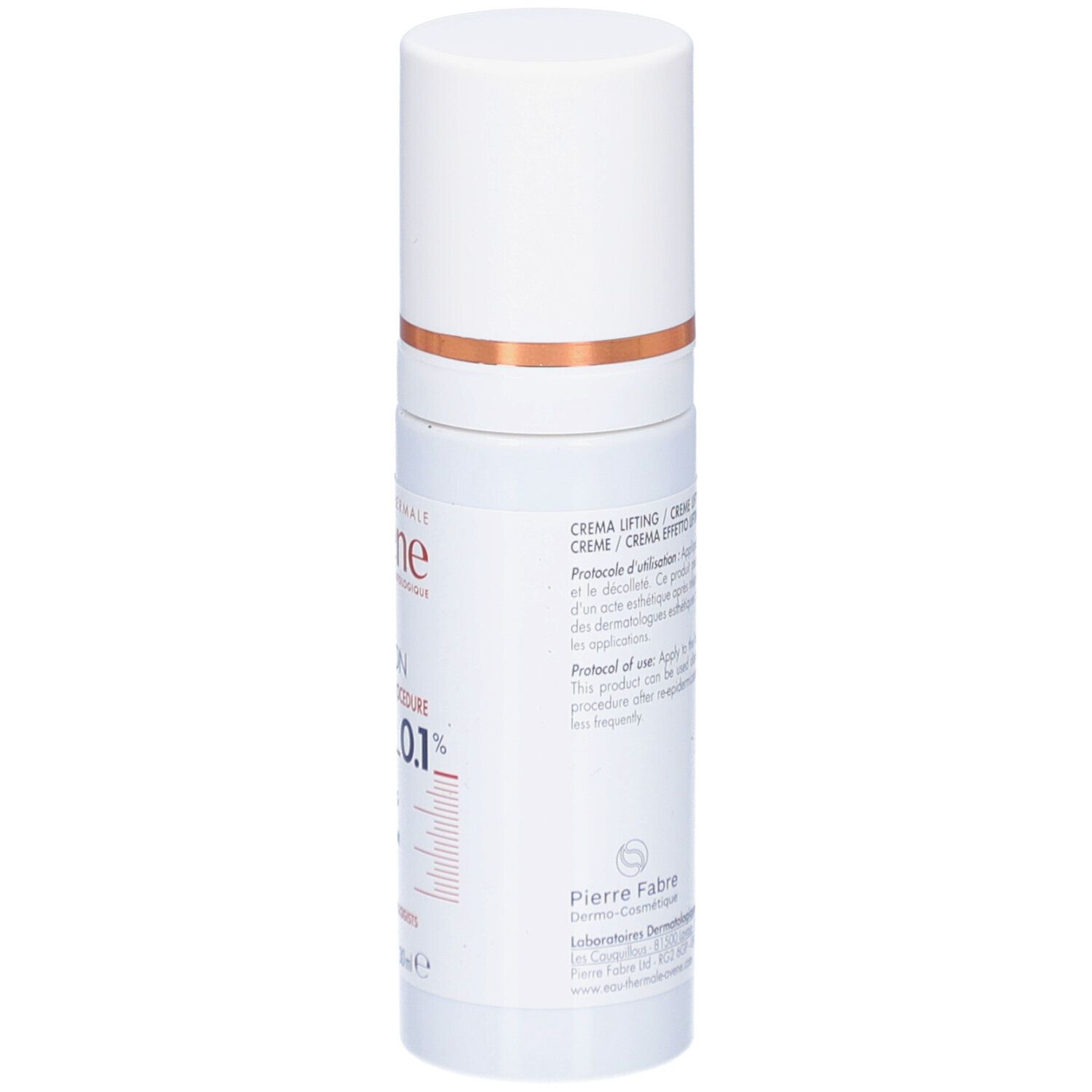 Tube de crème blanc. Inscription: Eau Thermale Avène, Hyaluron Activ Procedure, Crème Lifting, 0.1% Retinal. Logo fabricant.