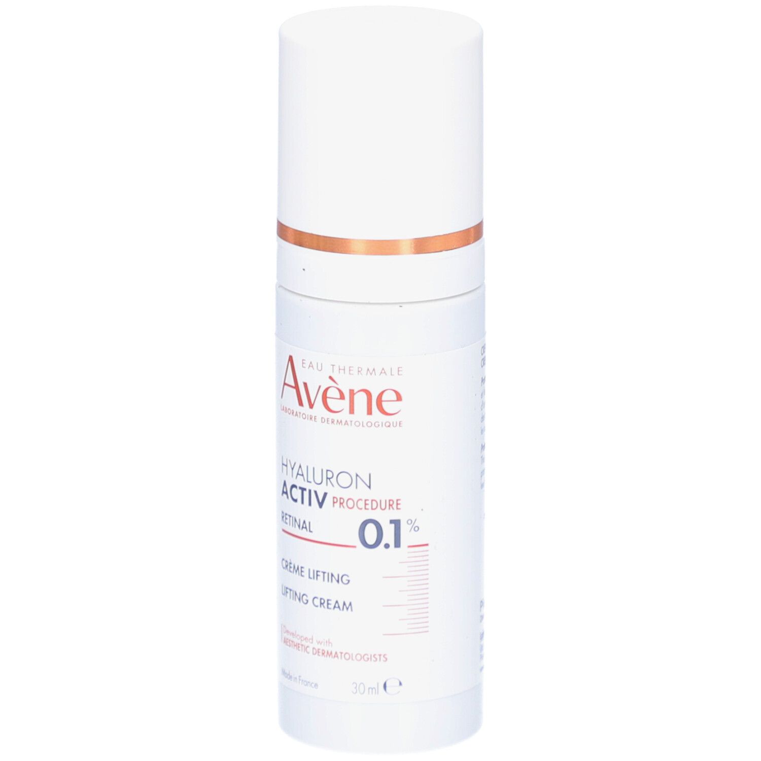 Tube de crème blanc. Inscription: Eau Thermale Avène, Hyaluron Activ Procedure, Crème Lifting, 0.1% Retinal. 30ml.