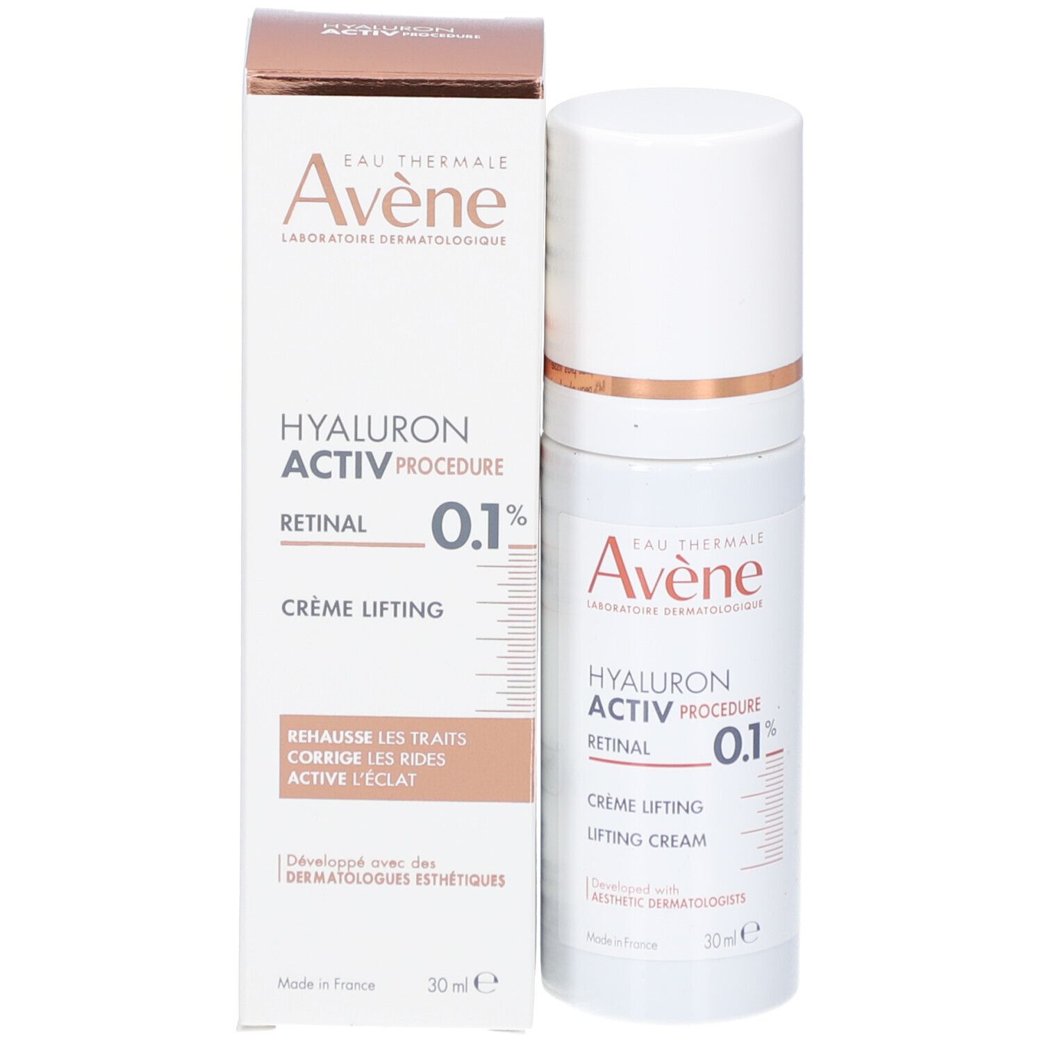 Tube de crème et boîte. Inscription: Avène, Hyaluron Activ Procedure, Crème Lifting, 0.1% Retinal. Boîte avec texte.