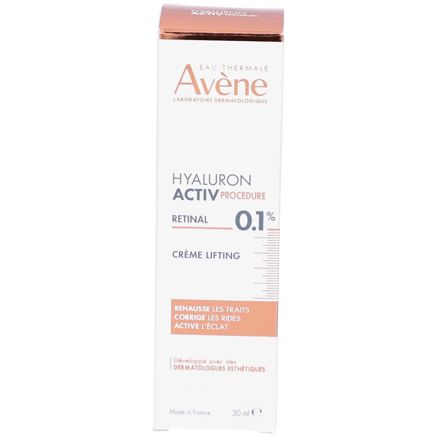 Boîte. Inscription: Avène, Hyaluron Activ Procedure, Crème Lifting, 0.1% Retinal. Texte: Rehausse les traits, corrige les rides.
