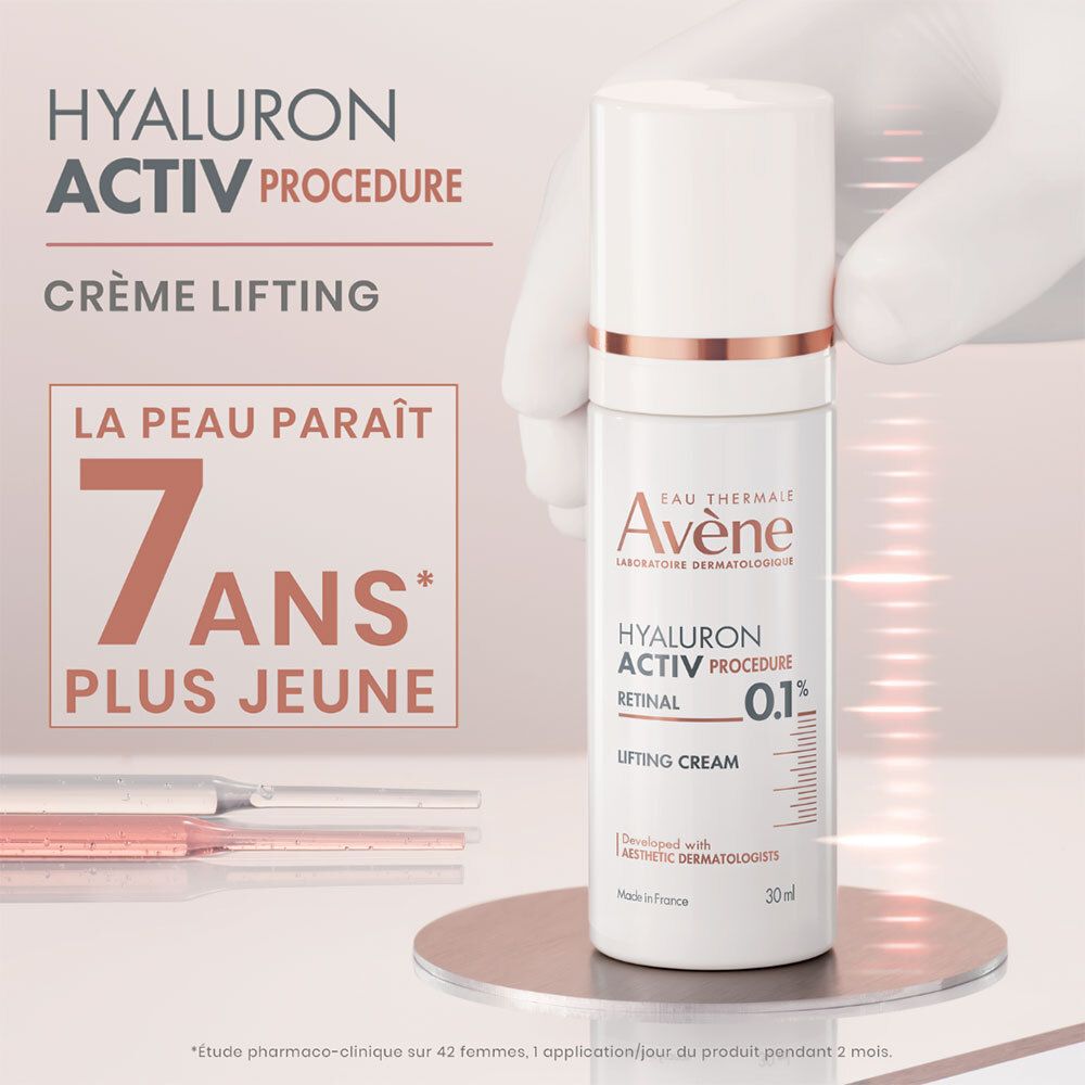 Flacon pompe AVENE Hyaluron Activ Crème Lifting et texte sur une peau plus jeune.