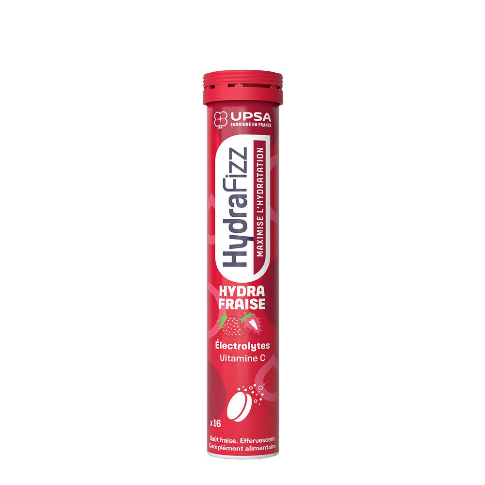Rote zylindrische Verpackung von HydraFizz. Enthält Brausetabletten. Aufschrift: HydraFizz, Hydra Fraise, Elektrolyte, Vitamin C.