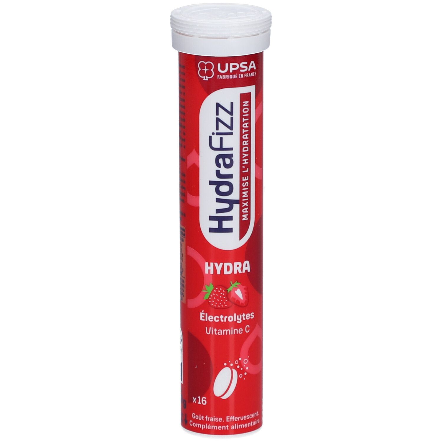 Tube rouge HydraFizz. Inscription: HydraFizz, Électrolytes, Vitamine C. Illustration de fraises. 16 comprimés.