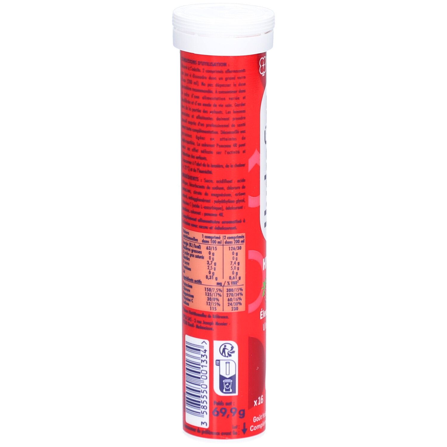 Dos de la tube rouge HydraFizz. Informations textuelles, valeurs nutritionnelles, ingrédients. Code-barres et numéro de lot.