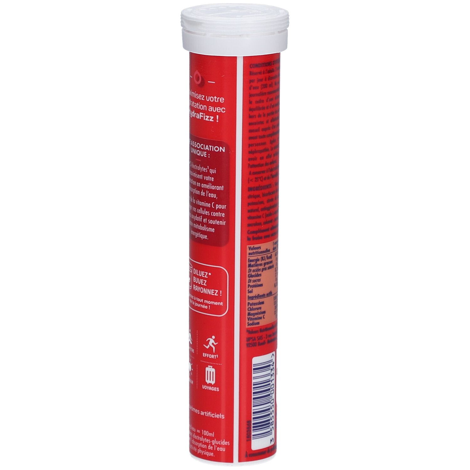 Tube rouge HydraFizz. Informations textuelles, conseils d'utilisation, logos. Illustrations de sport et soleil.