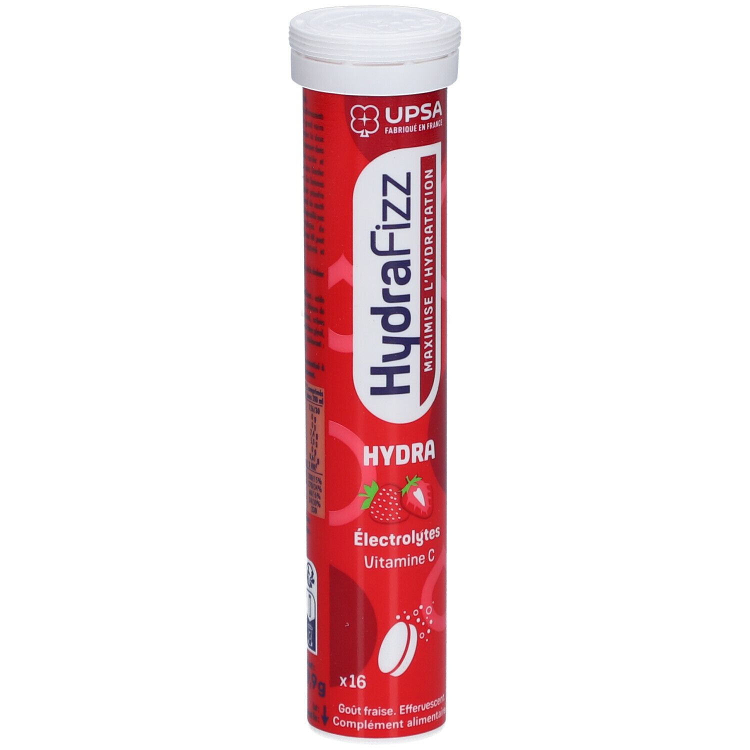 Tube rouge HydraFizz. Inscription: HydraFizz, Électrolytes, Vitamine C. Illustration de fraises. 16 comprimés.