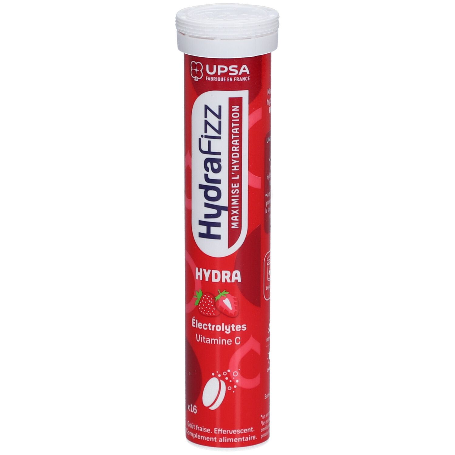 Tube rouge HydraFizz. Inscription: HydraFizz, Électrolytes, Vitamine C. Illustration de fraises. 16 comprimés.