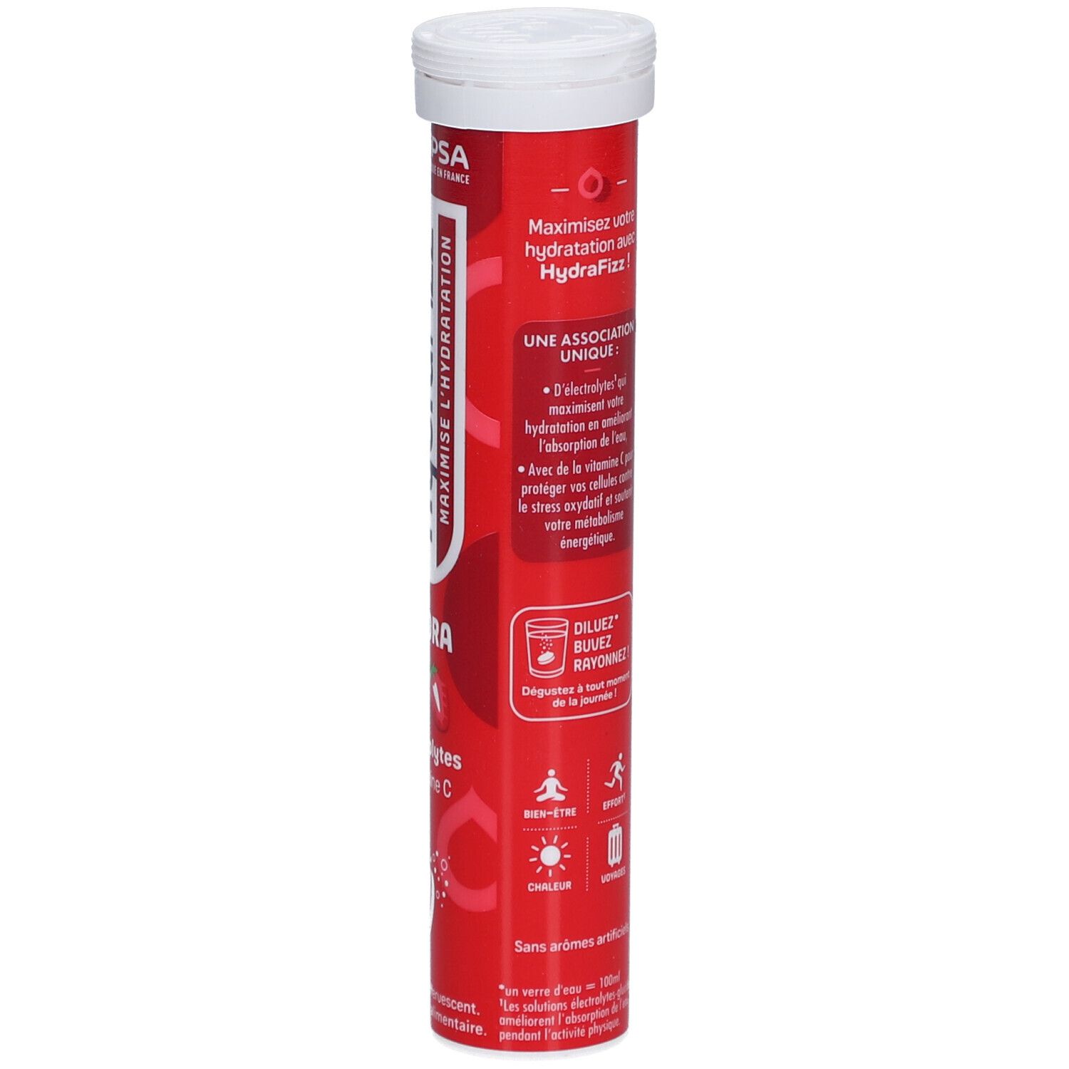 Tube rouge HydraFizz. Informations textuelles, conseils d'utilisation, logos. Illustrations de sport et soleil.
