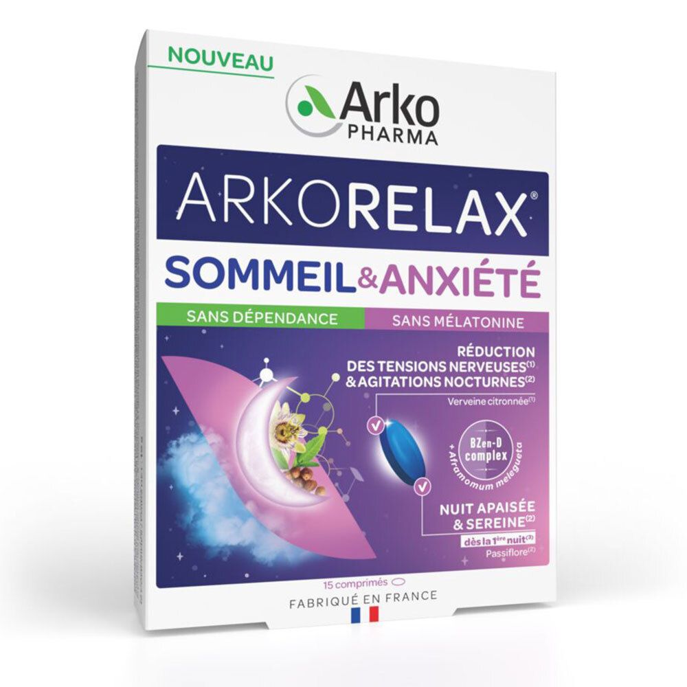 Boîte de comprimés ARKORELAX SOMMEIL & ANXIÉTÉ. 15 comprimés. Fabriqué en France. Logo Arko Pharma.
