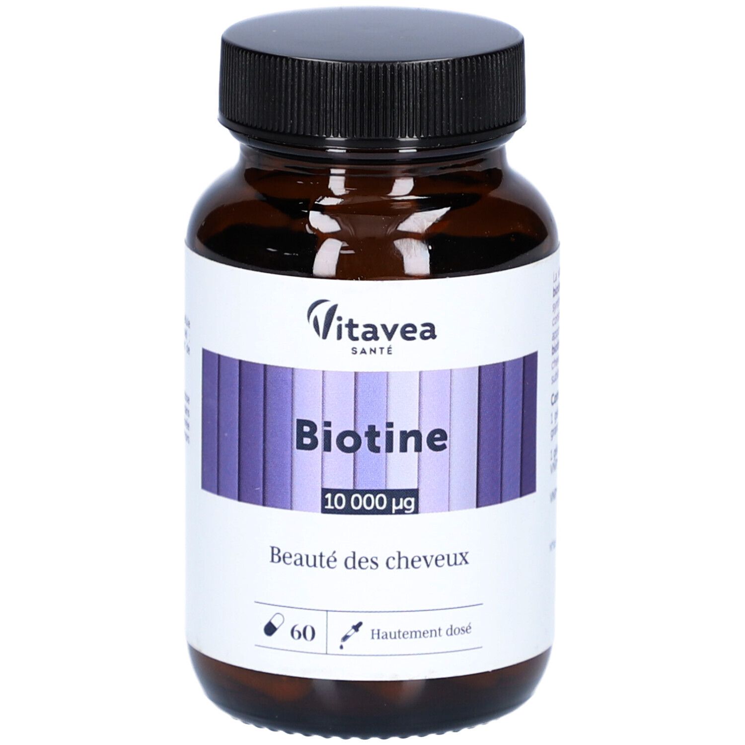 Braune Flasche mit weißem Etikett. Aufschrift: Biotine 10 000 µg, 60 Kapseln. Marke: VitaVea Santé.