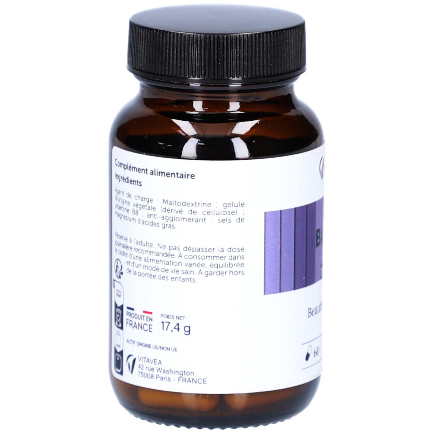 Rückseite der Flasche. Text: Inhaltsstoffe, Herkunft Frankreich, 17,4 g. Marke: VitaVea Santé.