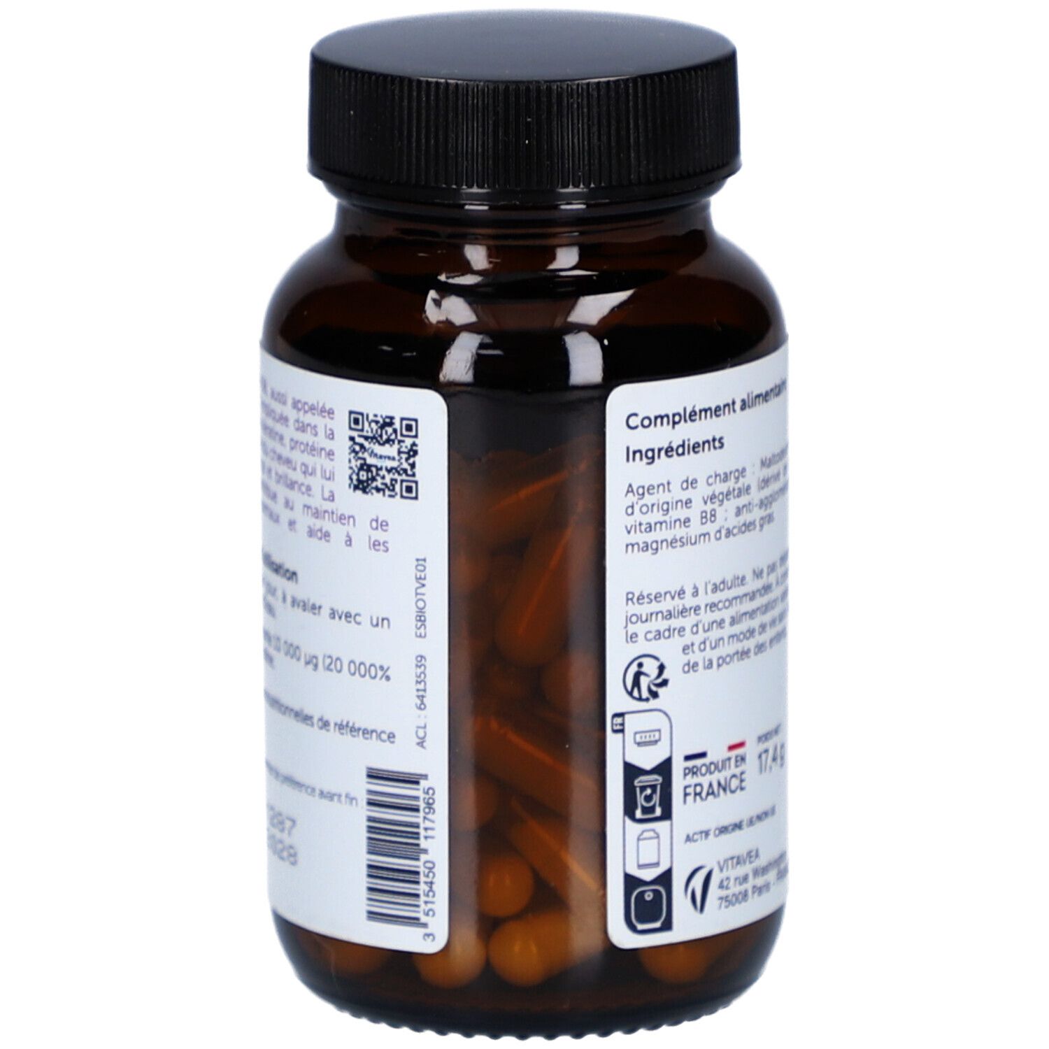 Rückseite der Flasche. Text: Inhaltsstoffe, QR-Code, Herkunft Frankreich. Marke: VitaVea Santé.