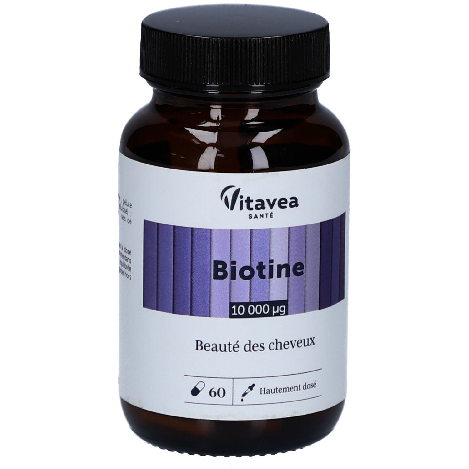 Braune Flasche mit weißem Etikett. Aufschrift: Biotine 10 000 µg, 60 Kapseln. Marke: VitaVea Santé.