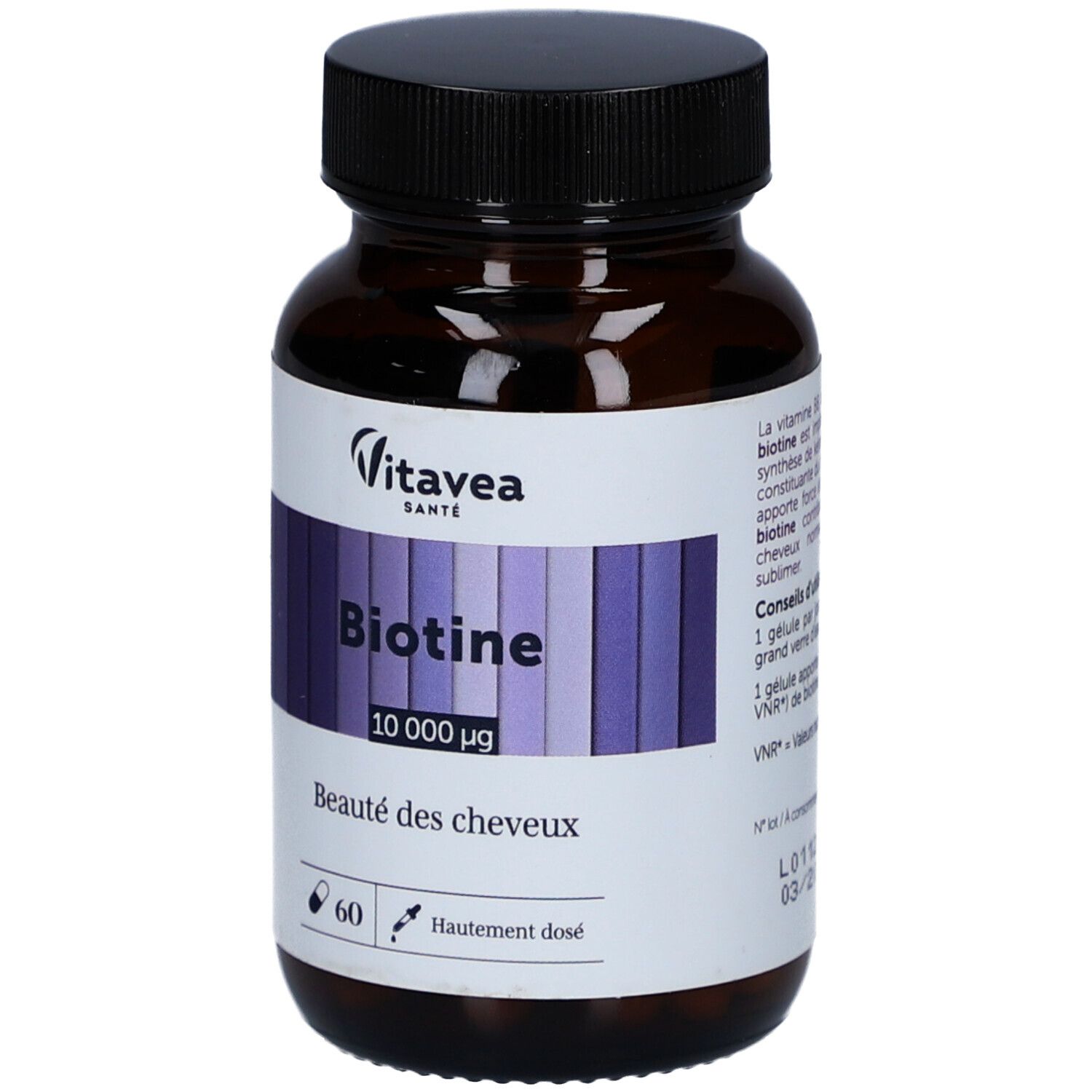 Braune Flasche mit weißem Etikett. Aufschrift: Biotine 10 000 µg, 60 Kapseln. Marke: VitaVea Santé.