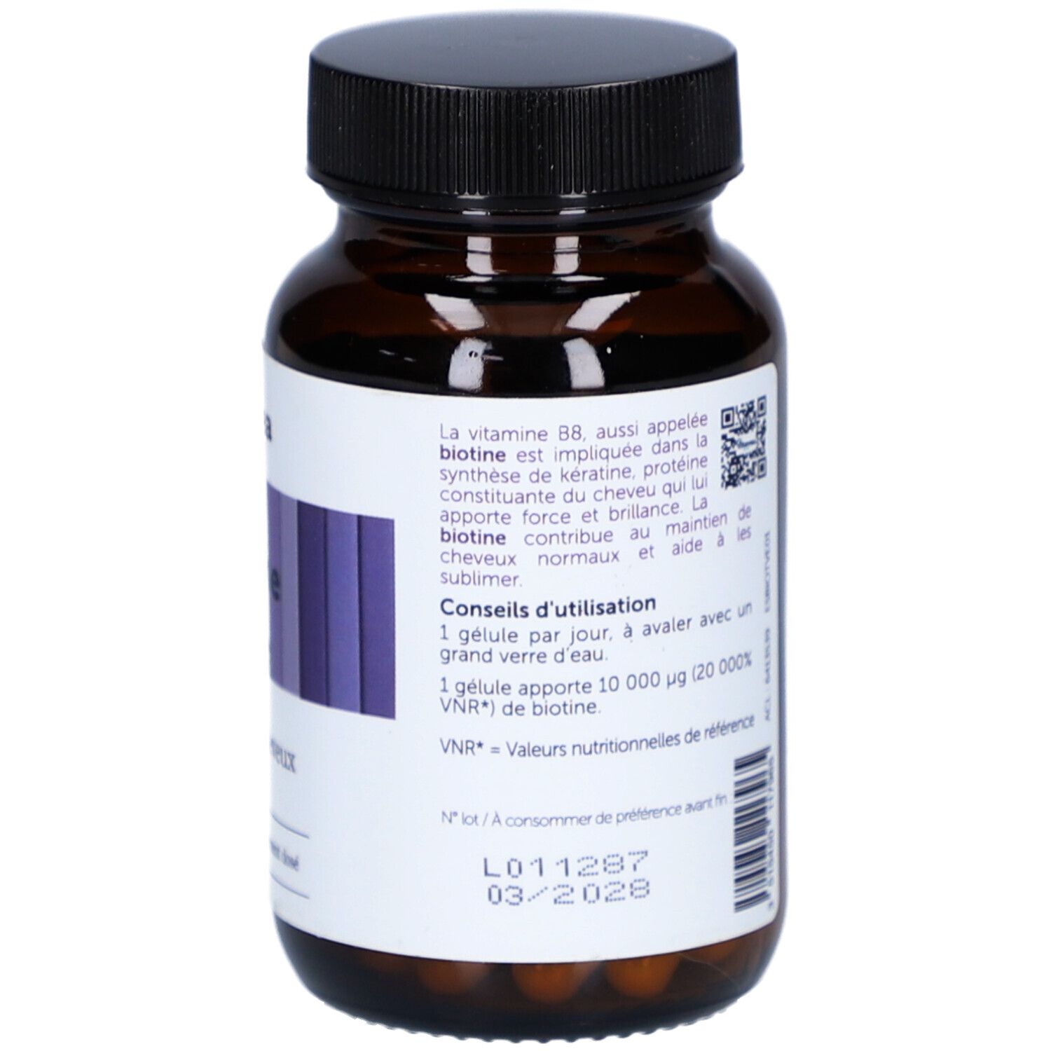 Rückseite der Flasche. Text: Gebrauchsanweisung, Mindesthaltbarkeitsdatum. Marke: VitaVea Santé.