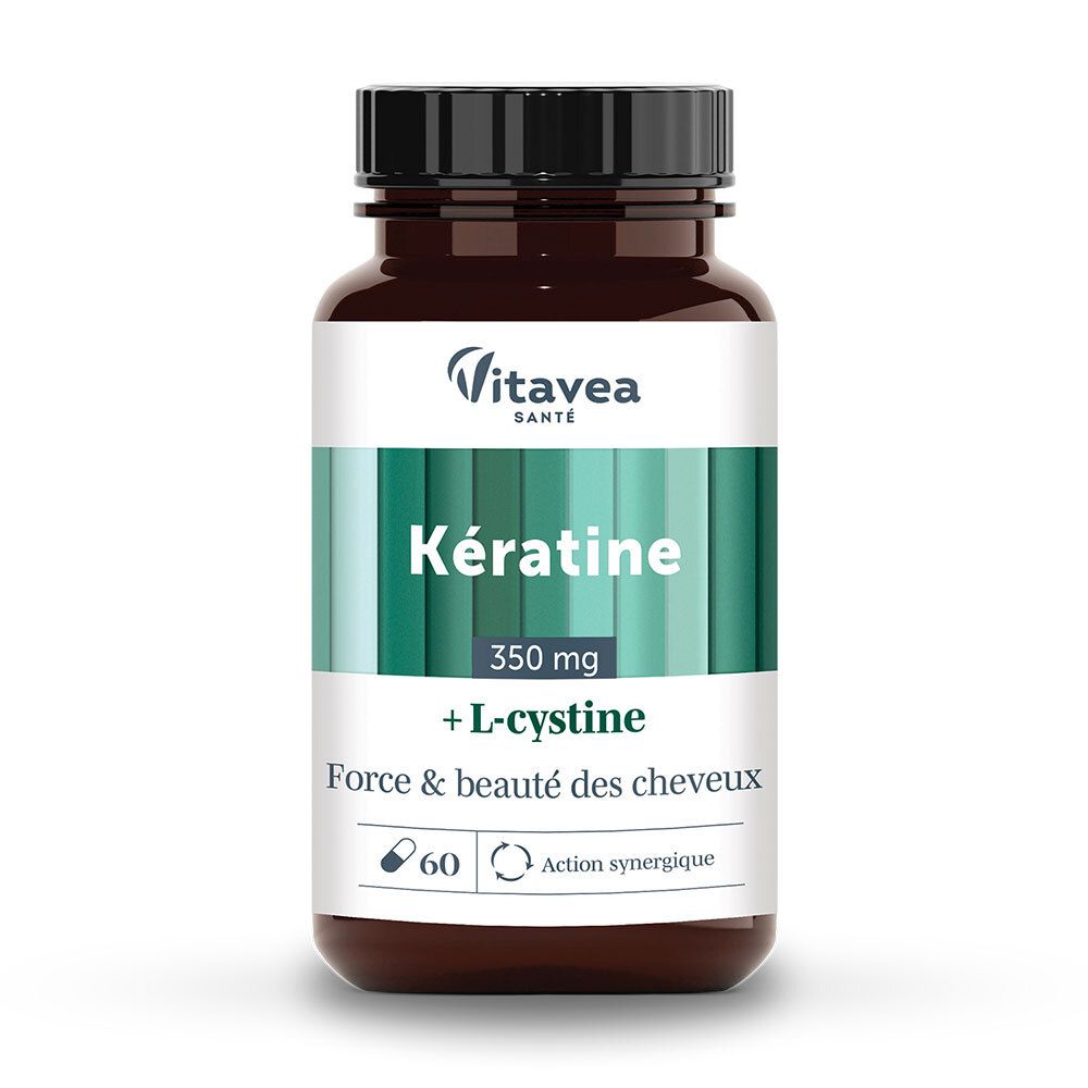 Braune Flasche mit Kapseln. Aufschrift: Kératine, 350 mg, + L-cystine. Marke: VitaVea Santé.