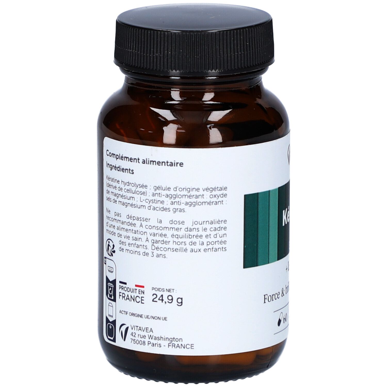 Braune Flasche mit Kapseln. Aufschrift: Kératine, 350 mg, + L-cystine. Marke: VitaVea Santé.