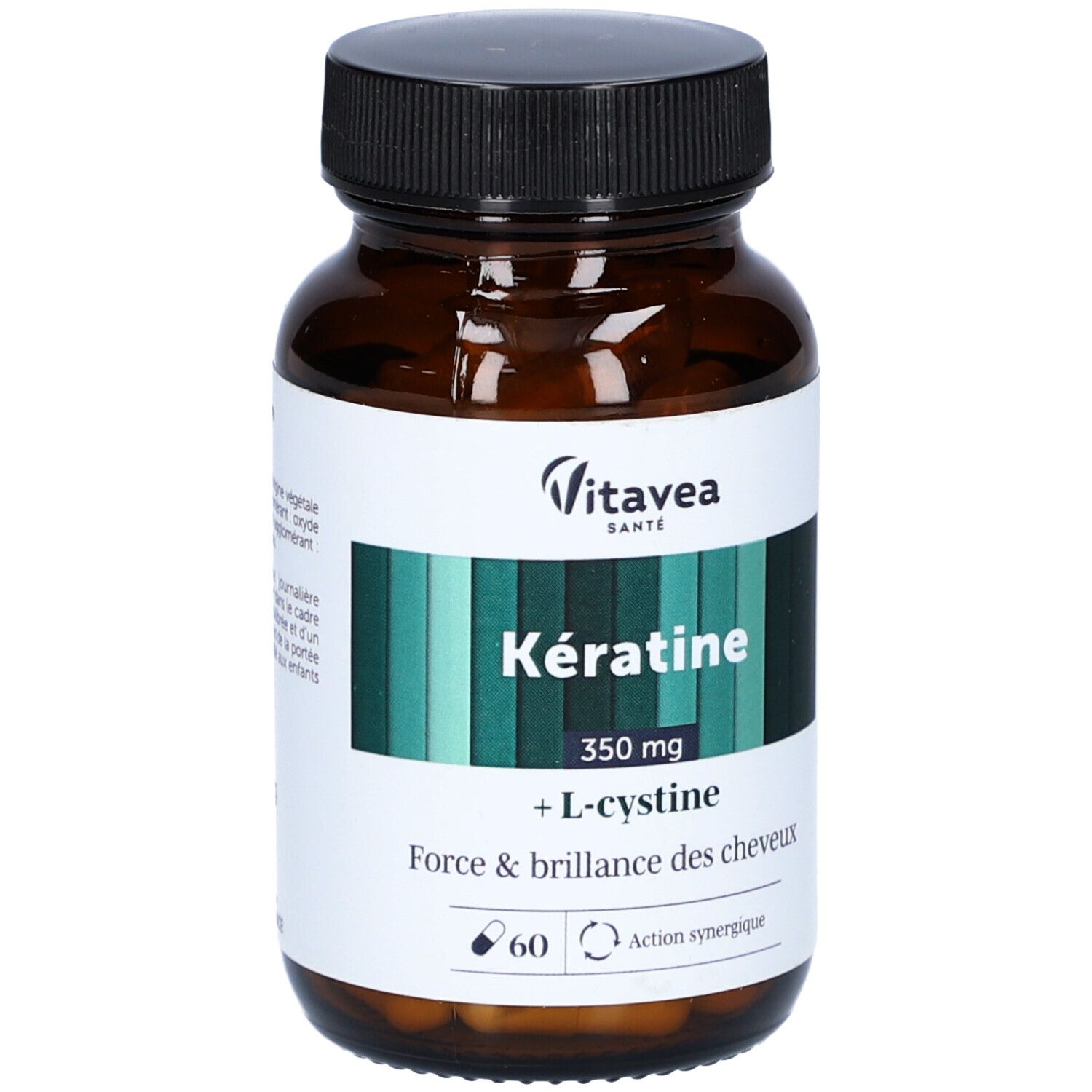 Braune Flasche mit Kapseln. Aufschrift: Kératine, 350 mg, + L-cystine. Marke: VitaVea Santé.