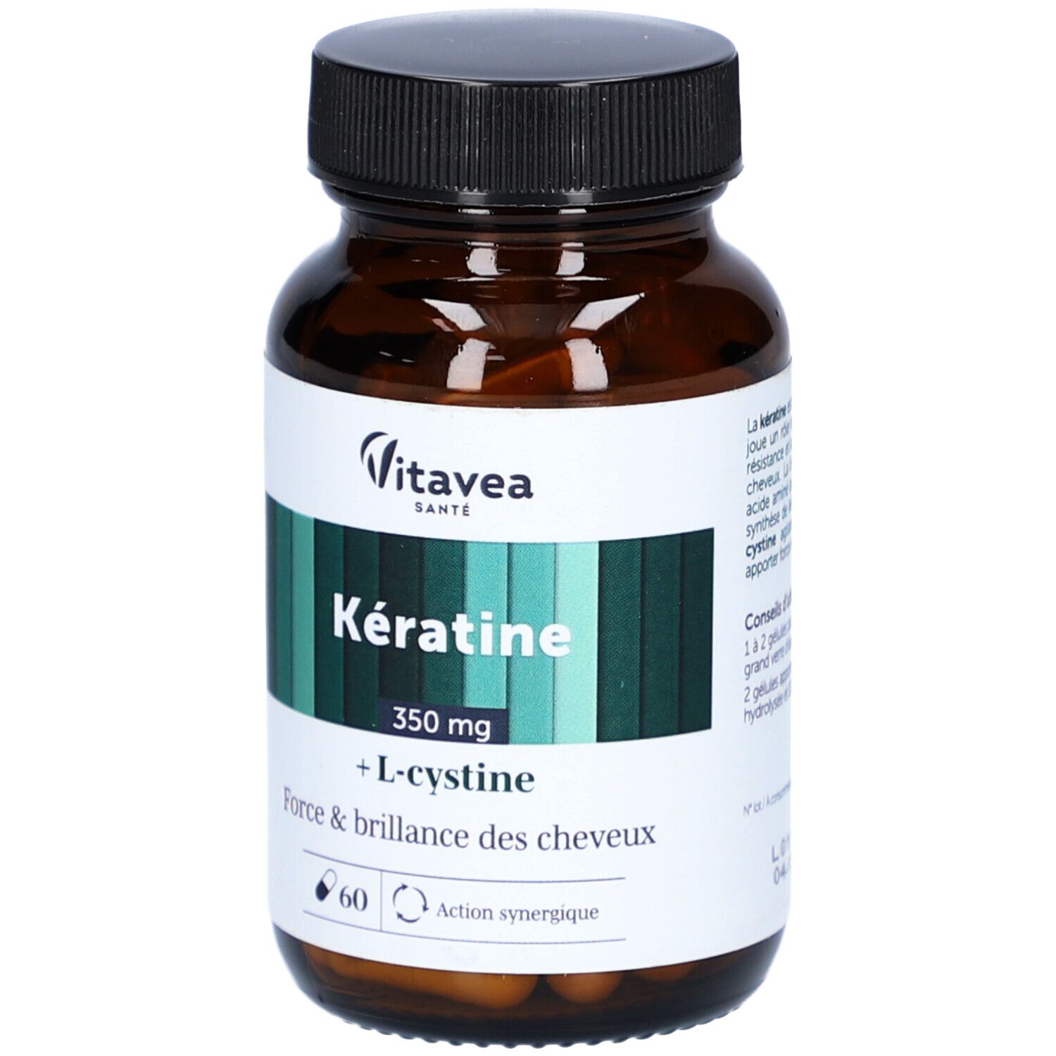 Braune Flasche mit Kapseln. Aufschrift: Kératine, 350 mg, + L-cystine. Marke: VitaVea Santé.