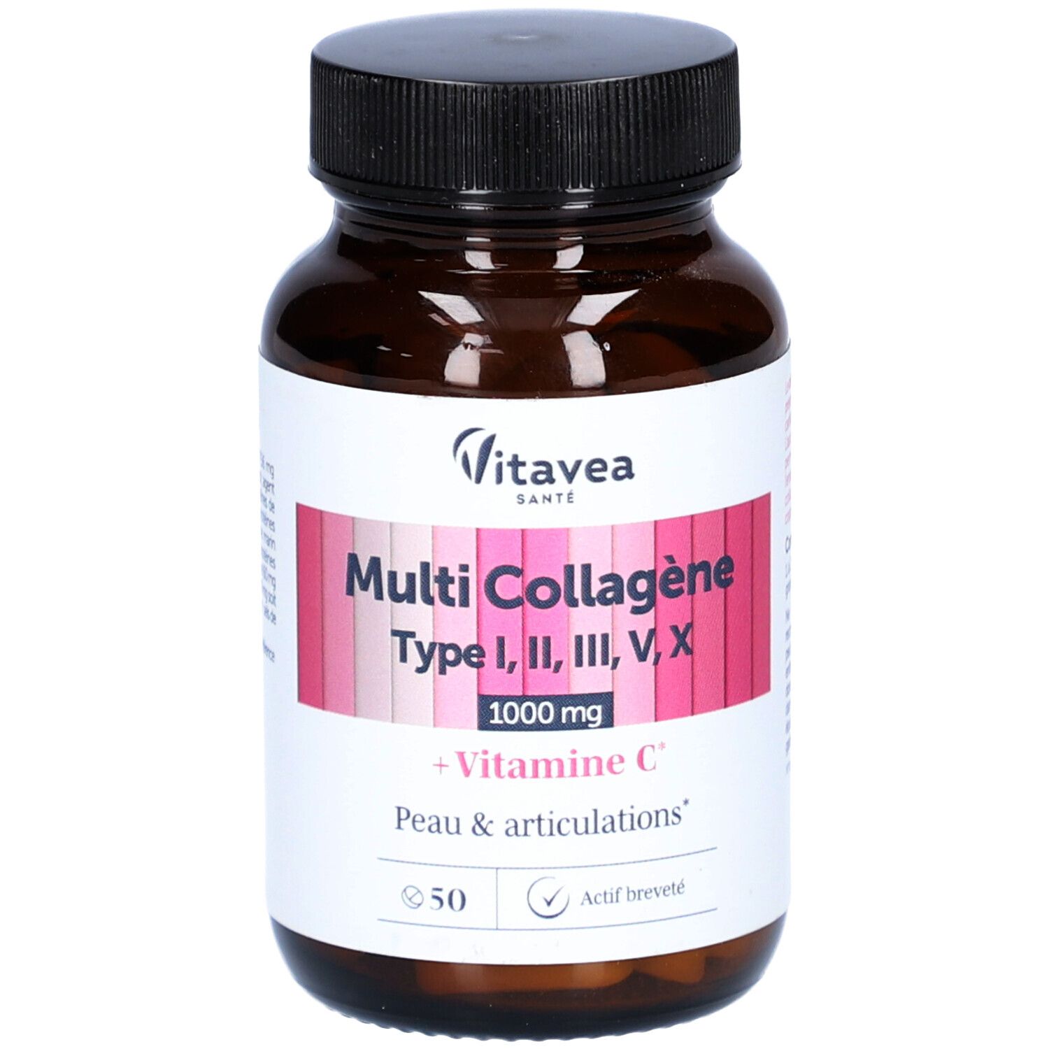 Flacon brun, bouchon noir. Inscription: Multi Collagène, Types I, II, III, V, X, 1000 mg, + Vitamine C. Marque: VitaVea.