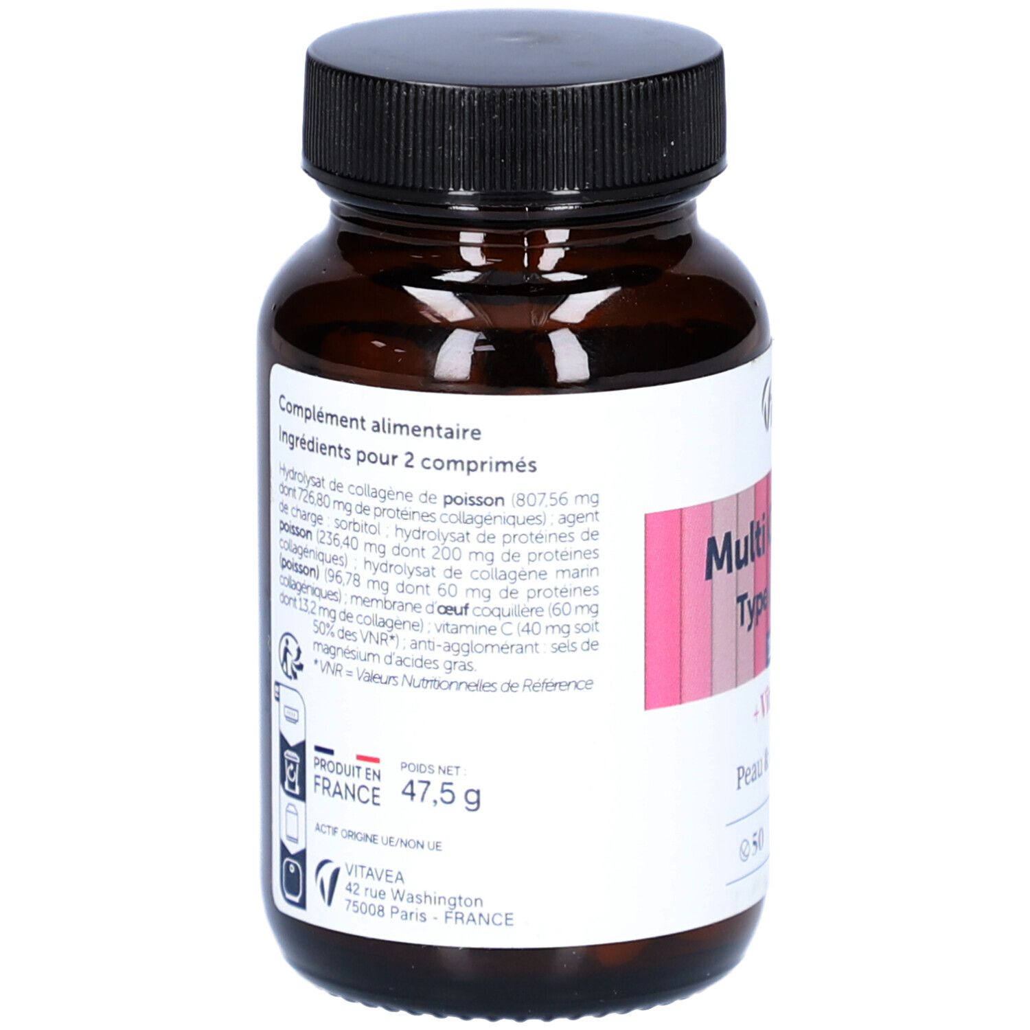 Flacon brun, bouchon noir. Verso avec texte et QR code. Inscription: Multi Collagène, Marque: VitaVea. Fabriqué en France.