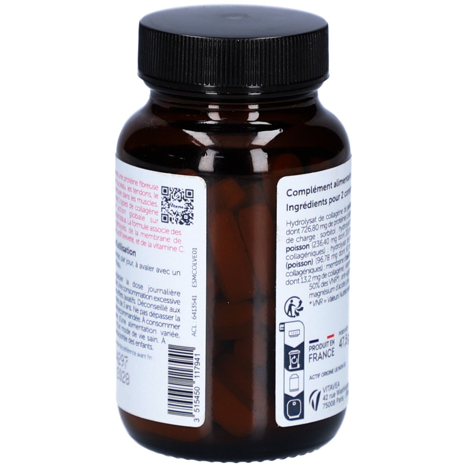 Flacon brun, bouchon noir. Verso avec texte et QR code. Inscription: Multi Collagène, Marque: VitaVea. Fabriqué en France.