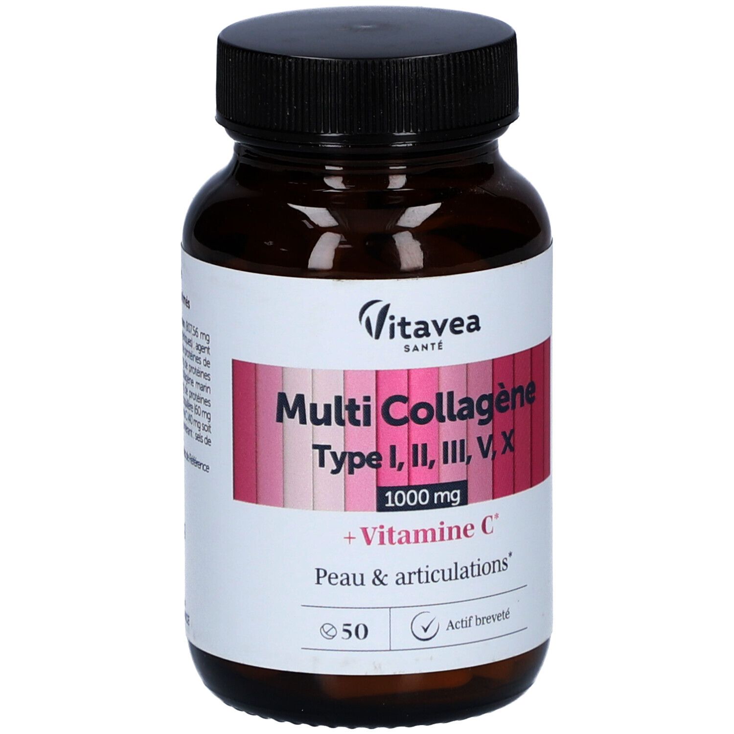 Flacon brun, bouchon noir. Inscription: Multi Collagène, Types I, II, III, V, X, 1000 mg, + Vitamine C. Marque: VitaVea.