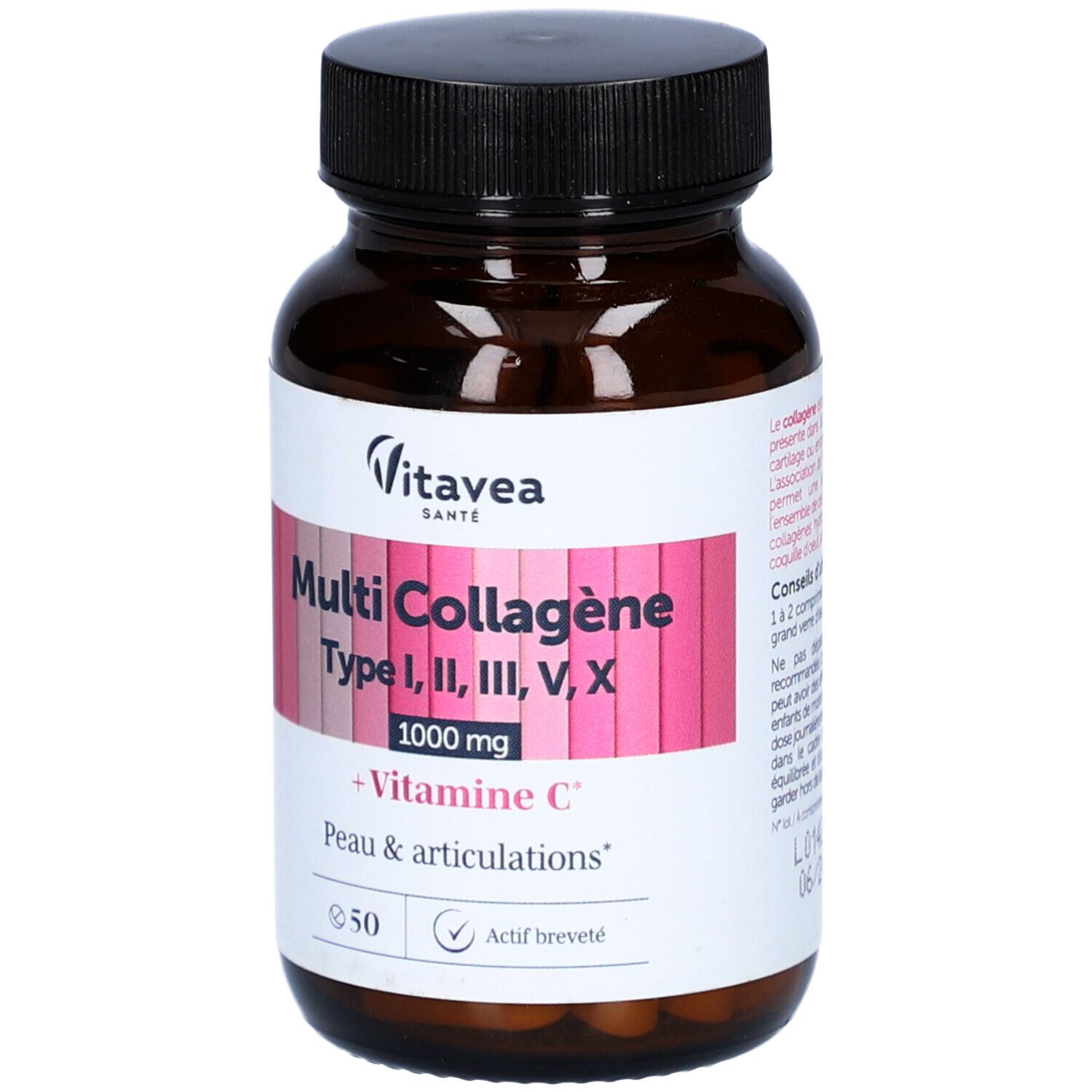 Flacon brun, bouchon noir. Inscription: Multi Collagène, Types I, II, III, V, X, 1000 mg, + Vitamine C. Marque: VitaVea.