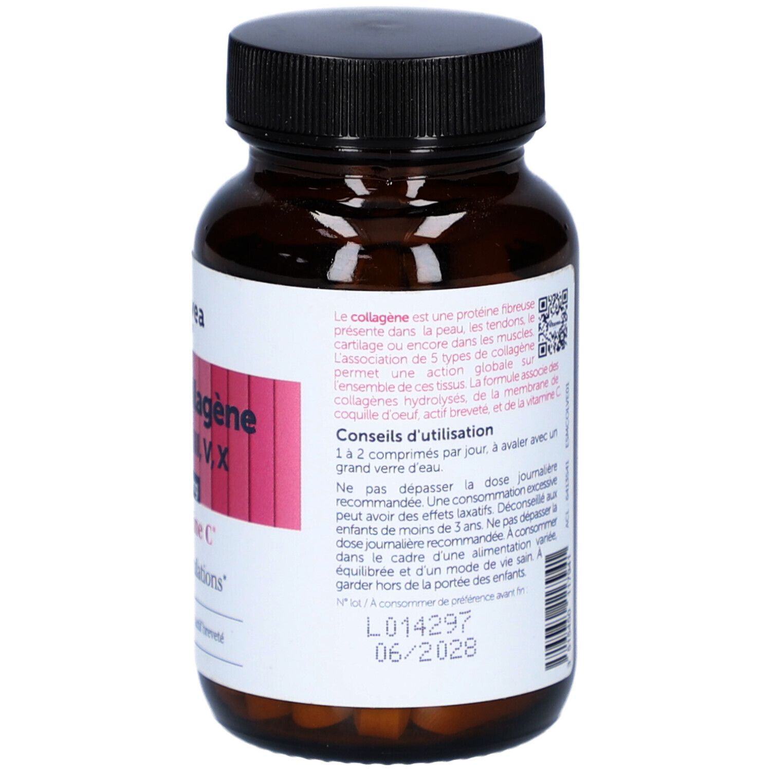 Flacon brun, bouchon noir. Verso avec texte, QR code et date de péremption. Inscription: Multi Collagène, Marque: VitaVea.