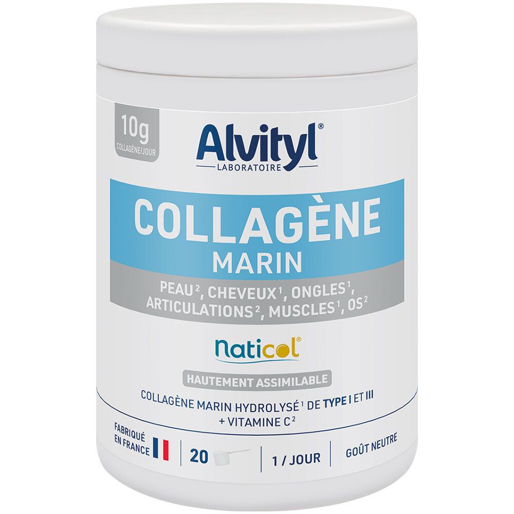 Pot Alvityl Collagène Marin, blanc. Étiquettes bleues et blanches. 10g de collagène par jour. Fabriqué en France.