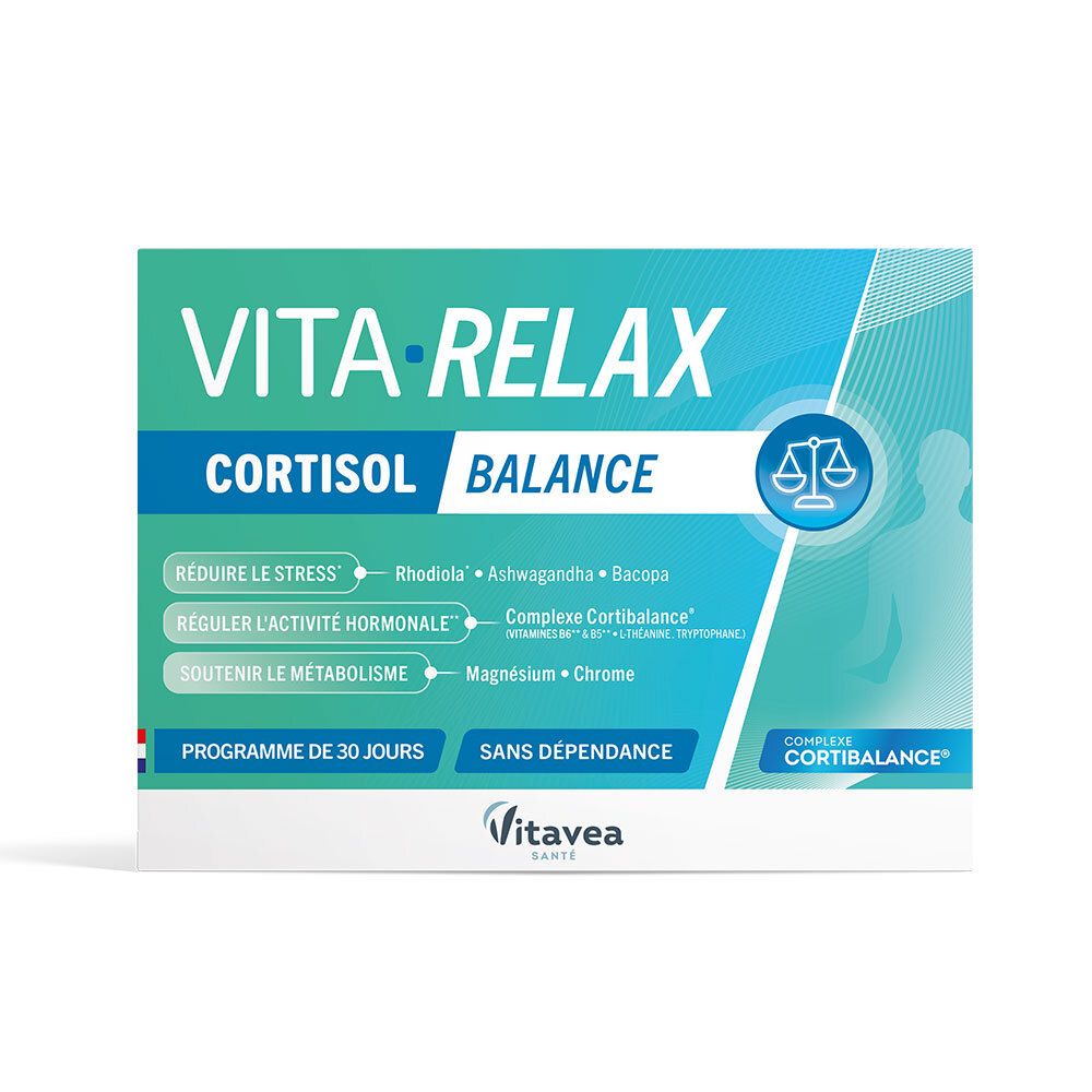 Verpackung von VITAVEA VITA'RELAX GELUL 30. Blaue und weiße Schachtel mit Produktnamen und Inhaltsstoffen.