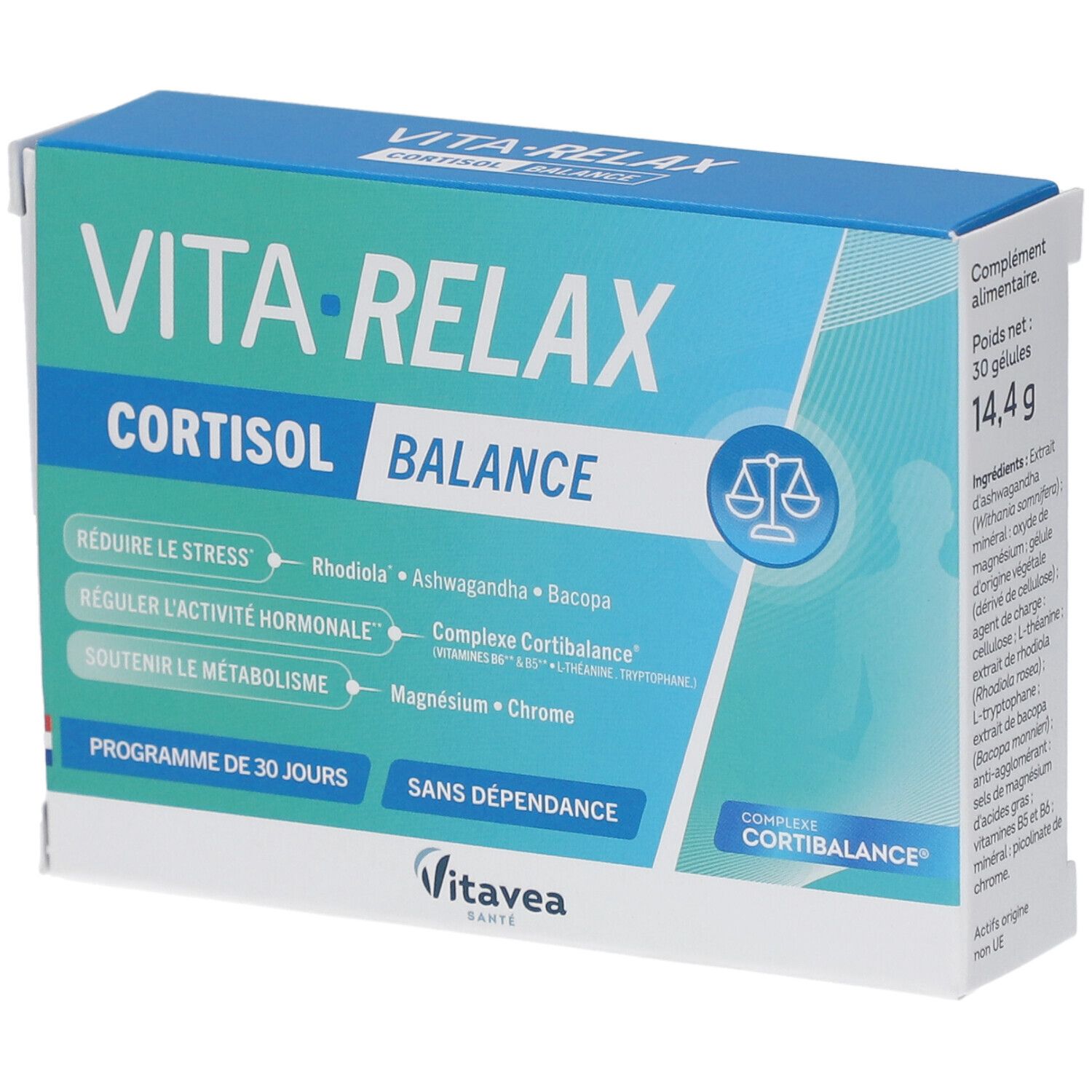 VITAVEA VITA'RELAX GELUL 30 Verpackung. Blaue Schachtel mit Produktnamen, Inhaltsstoffen und Logo.