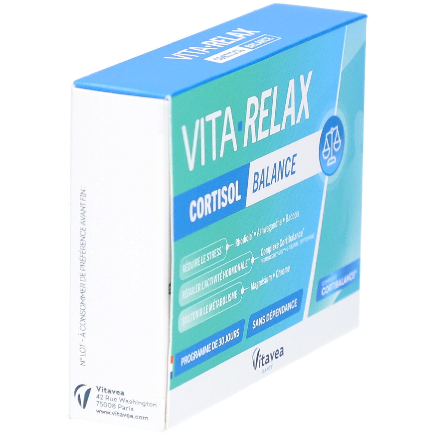VITAVEA VITA'RELAX GELUL 30 Verpackung. Blaue Schachtel mit Produktnamen, Inhaltsstoffen und Logo.