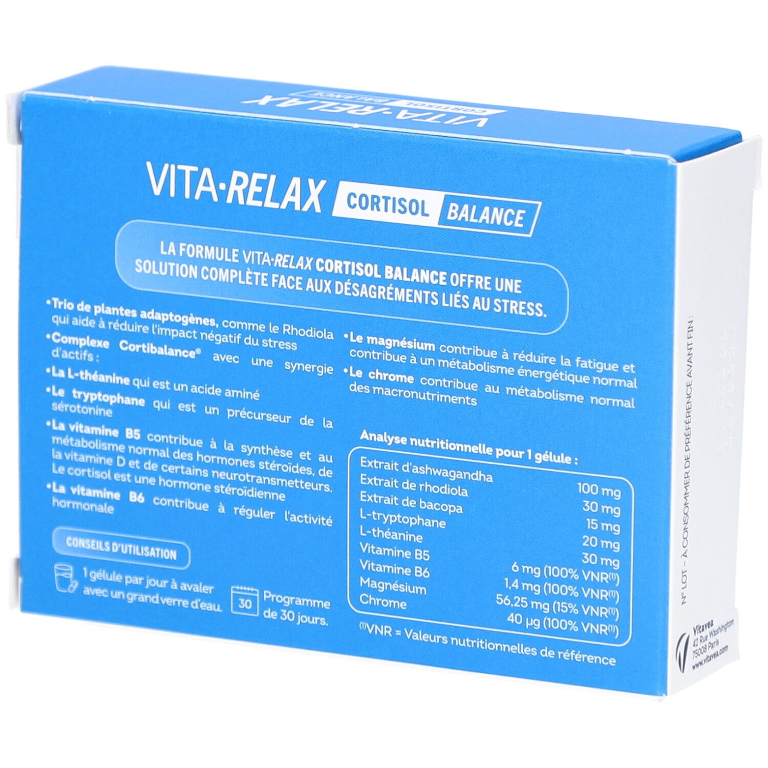 Rückseite der VITAVEA VITA'RELAX GELUL 30 Verpackung. Blaue Schachtel mit Inhaltsstoffen und Nährwertangaben.